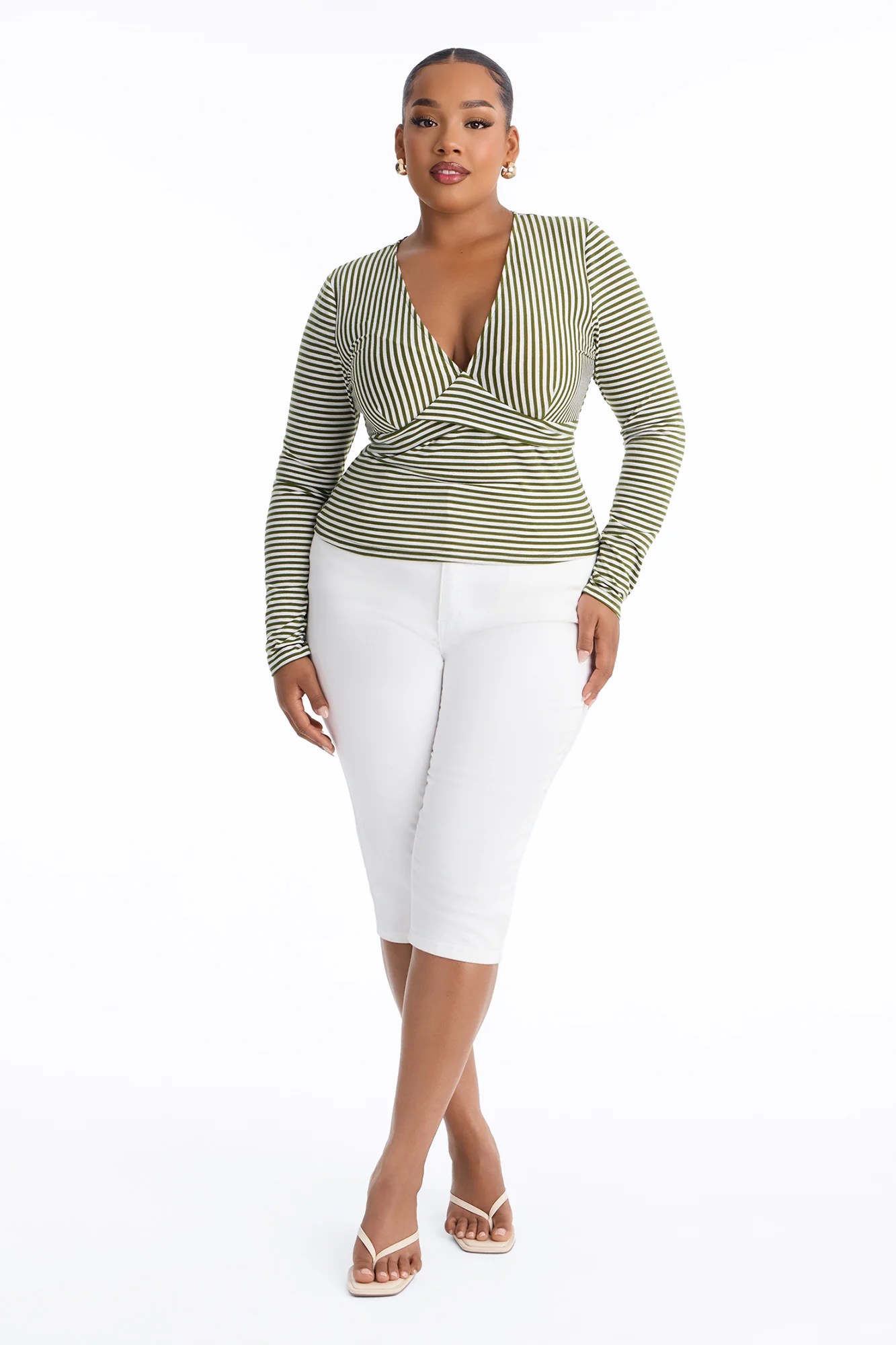 Sydney Striped Tie Back Long Sleeve Top - Olive/combo - Image 6