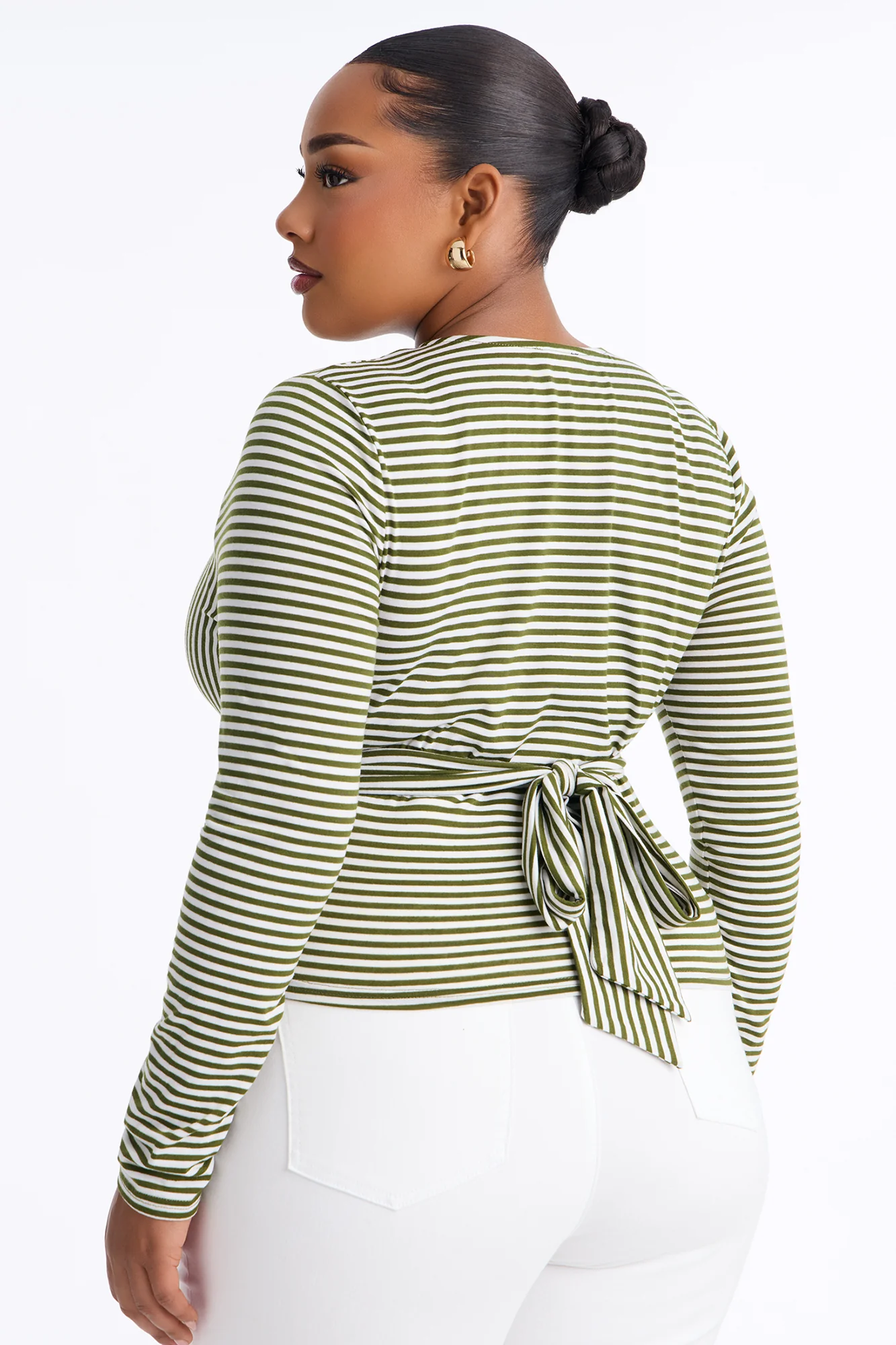 Sydney Striped Tie Back Long Sleeve Top - Olive/combo - Image 8