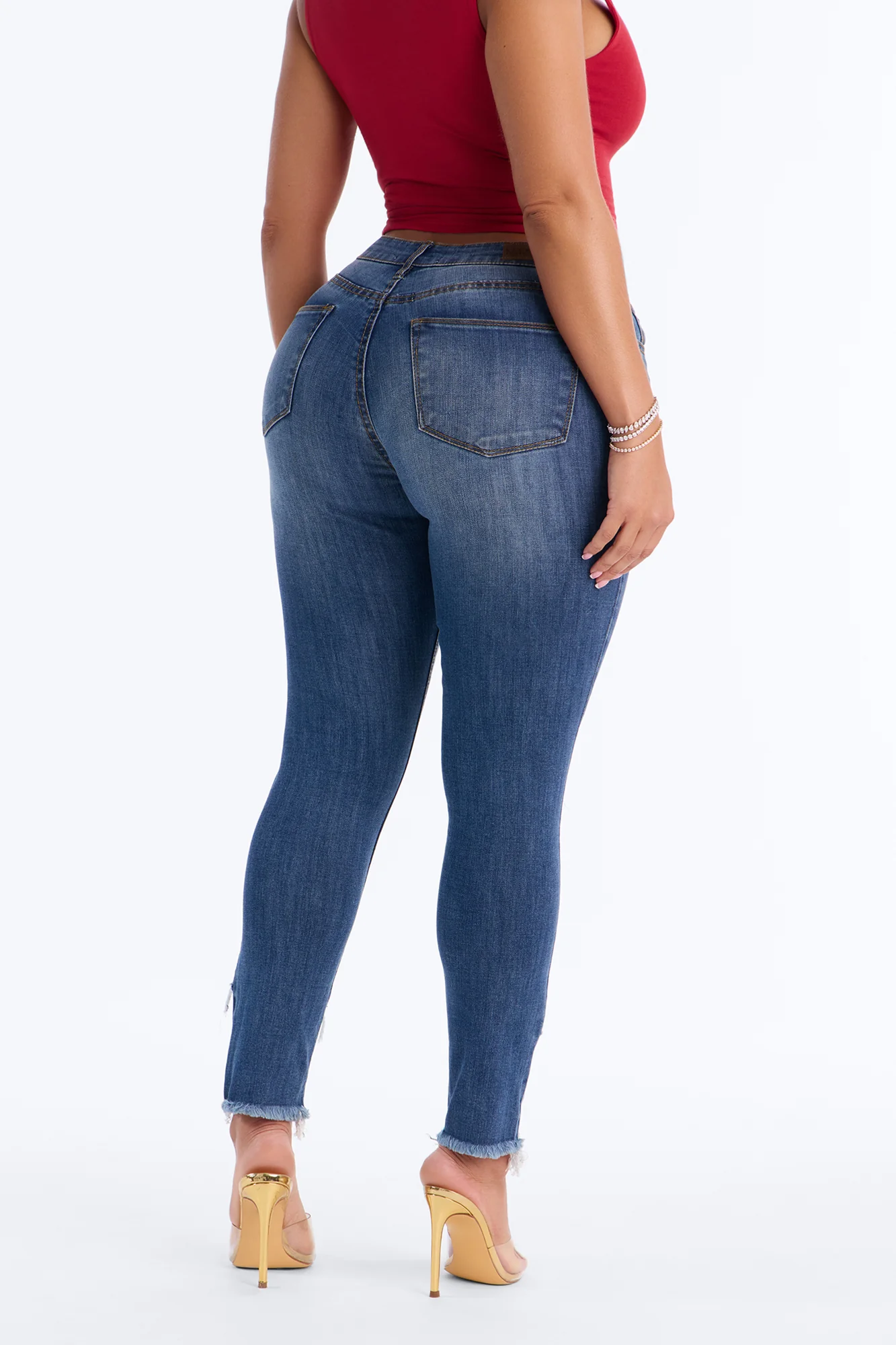 Take Five Ripped High Rise Stretch Skinny Jeans - Dark Wash - Image 4