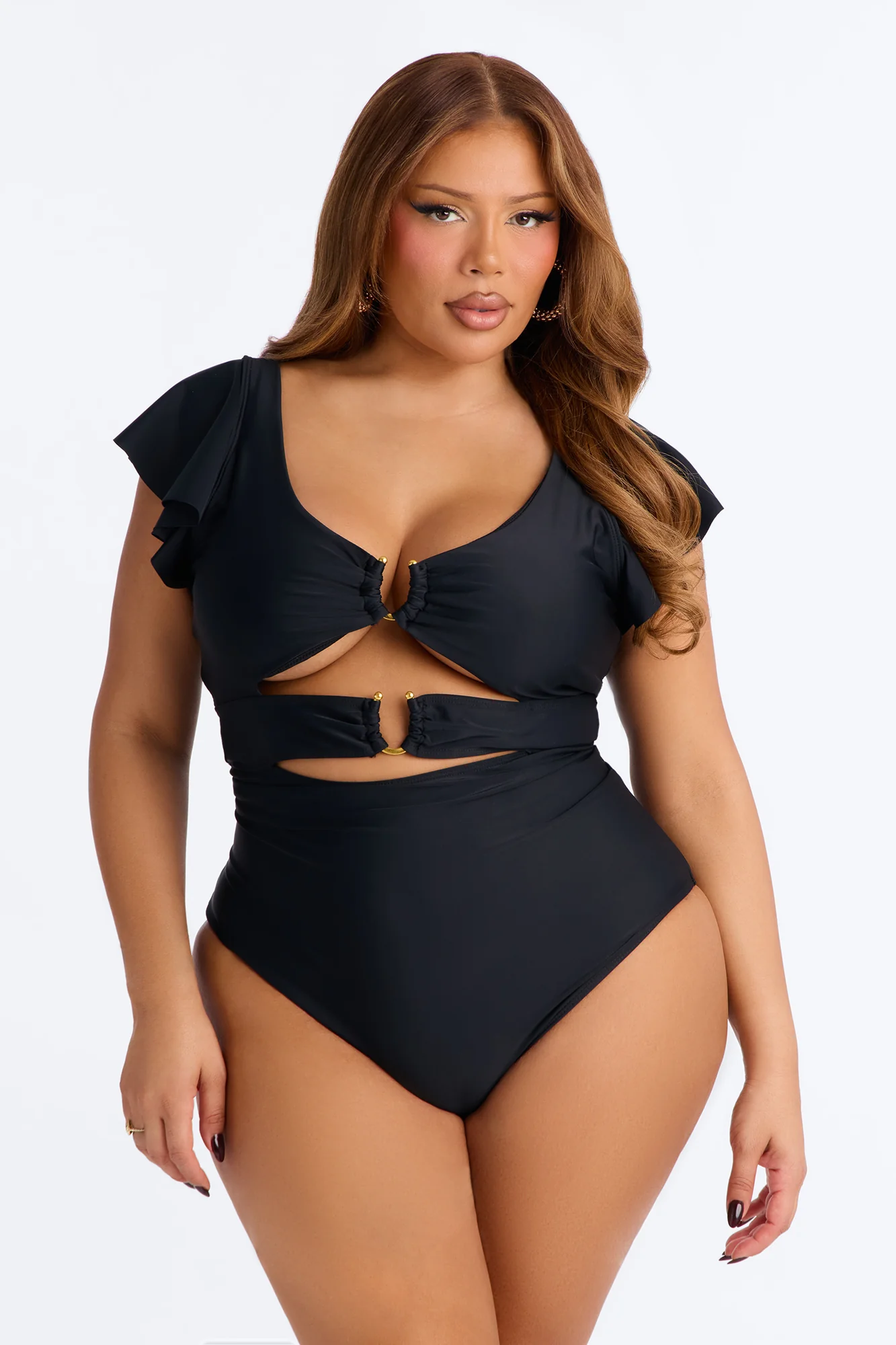 Take Me To The Yacht Ruffle Sleeve Back Lace Up 1 Piece Swimsuit - Black - Image 4