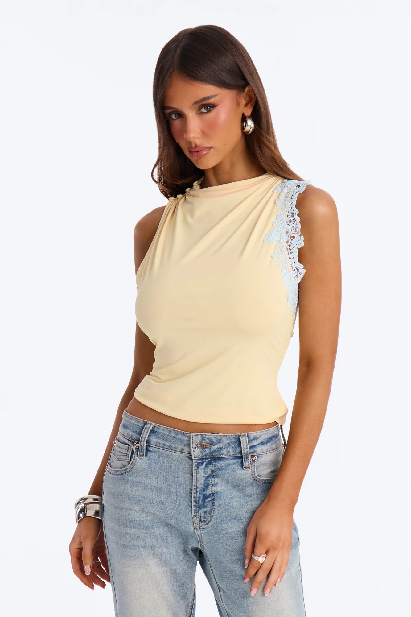Talia Lace Trim Mock Neck Sleeveless Top - Yellow/combo