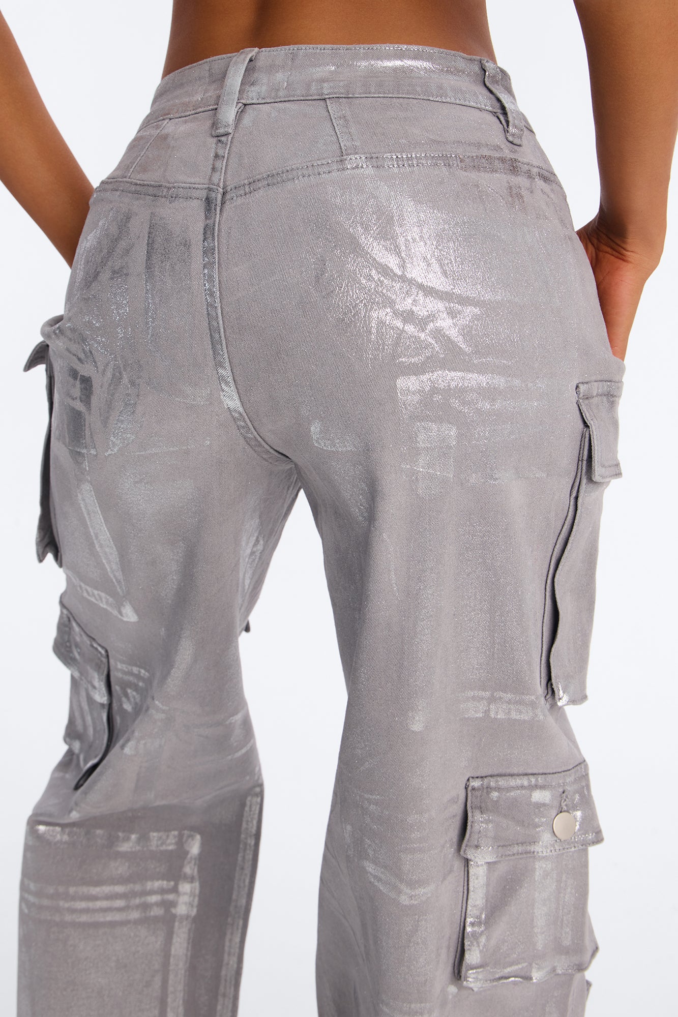 Tall Time To Shine Foil Baggy Cargo Jeans - Silver - Image 5