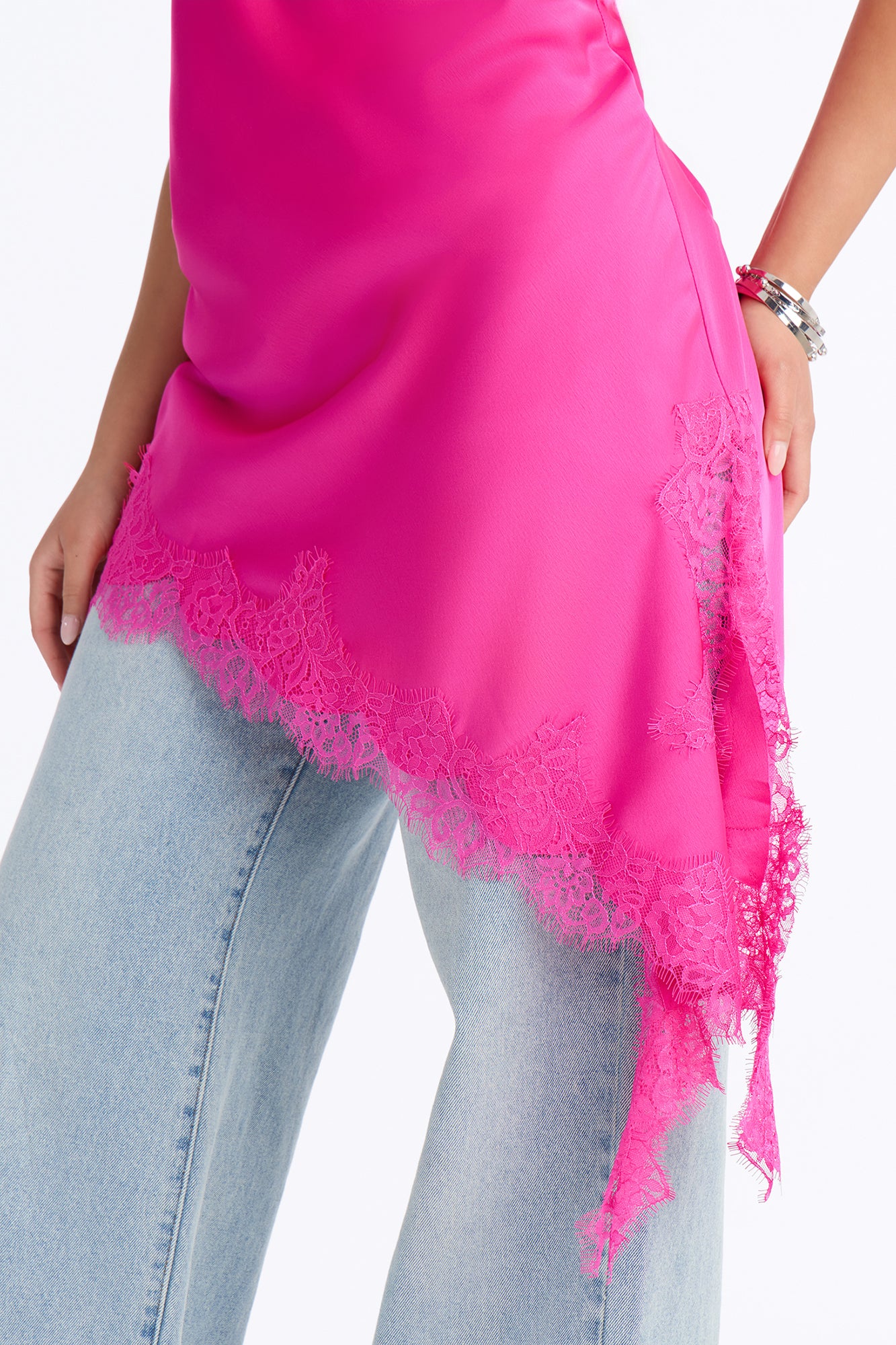 Taste Of Trouble Lace Trim Satin Top - Fuchsia - Image 3