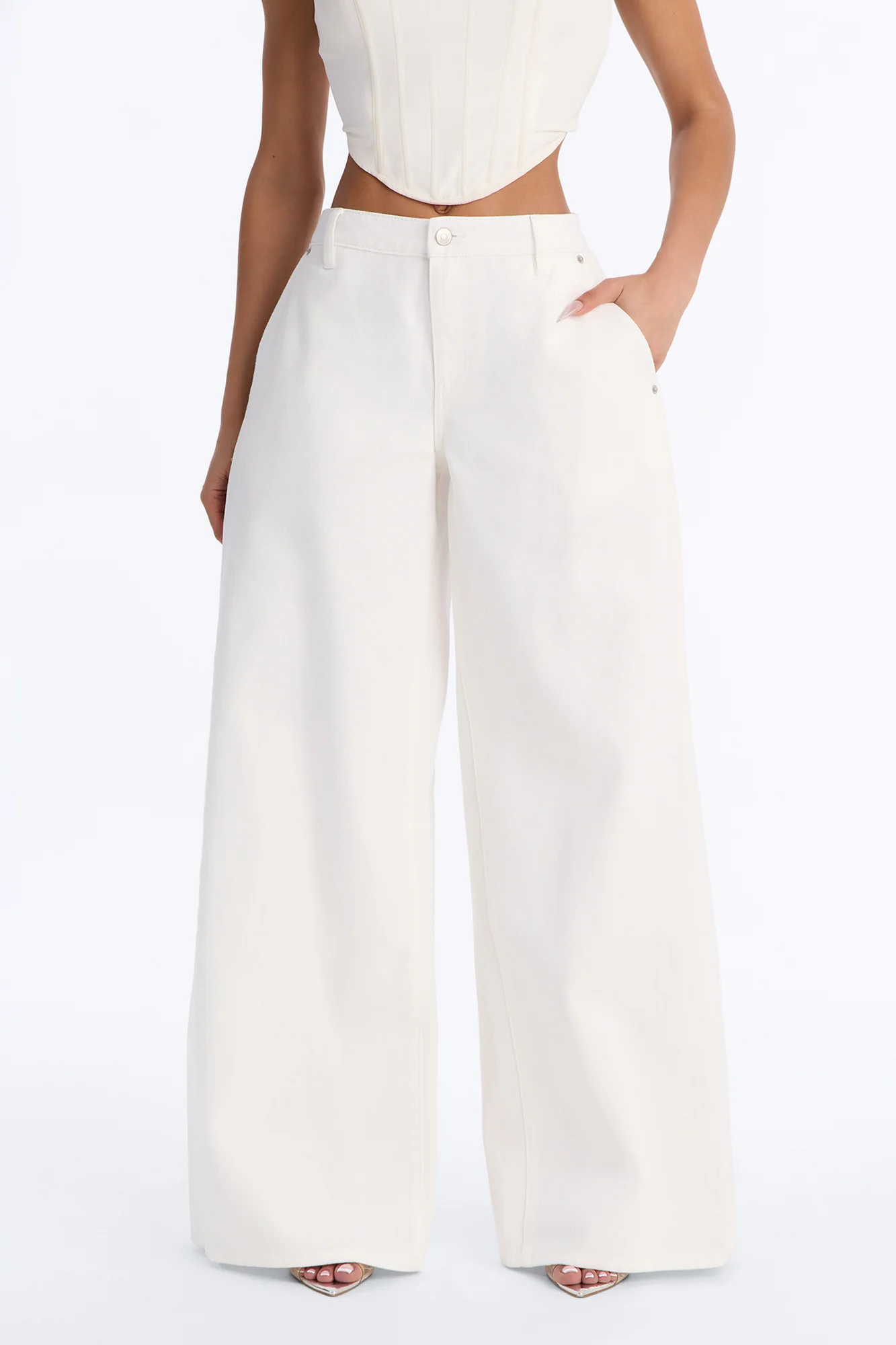 Tatiana Low Rise Wide Leg Moto Pant - Ivory