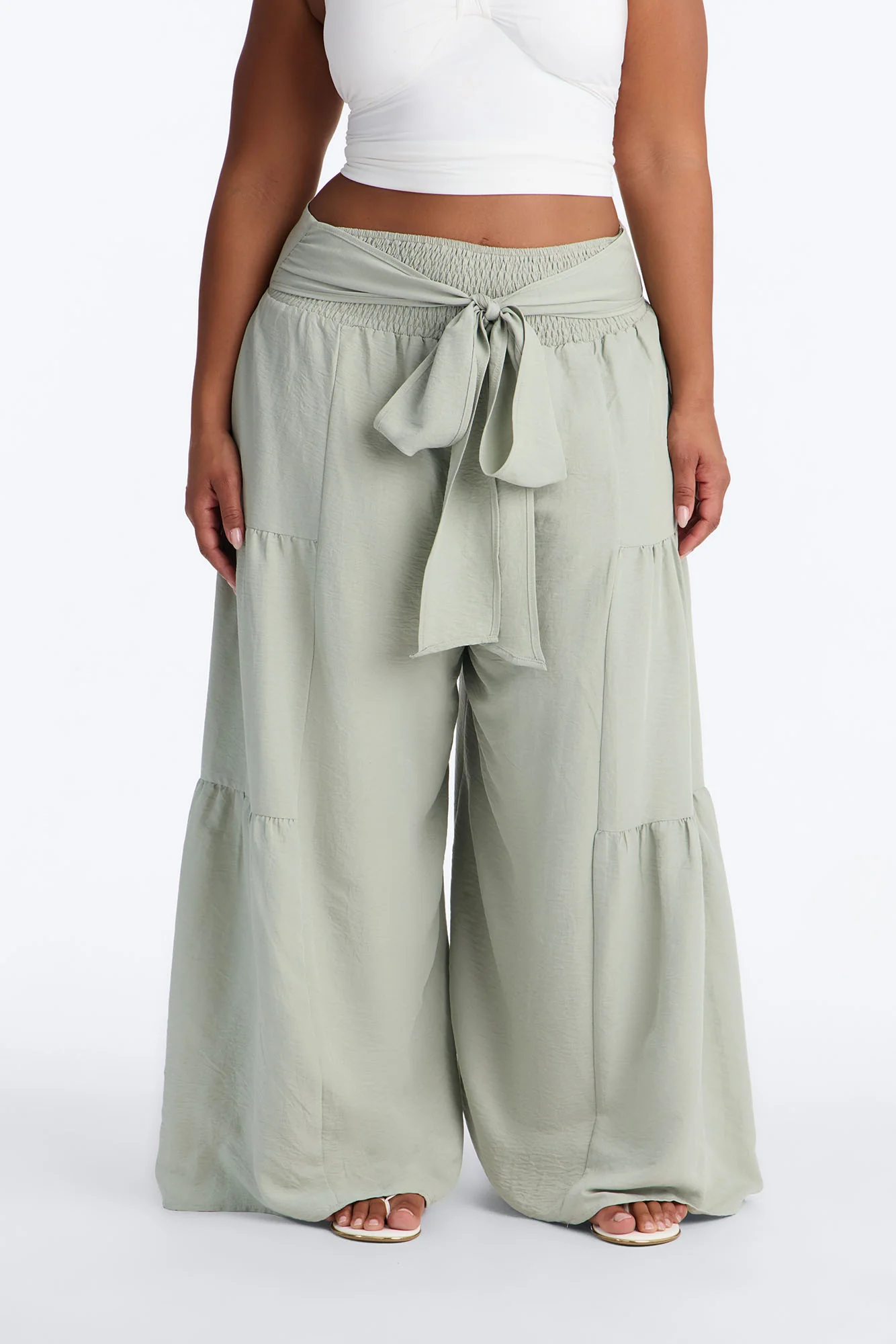 Tatiana Tiered Wide Leg Tie Waist Pant - Sage - Image 6