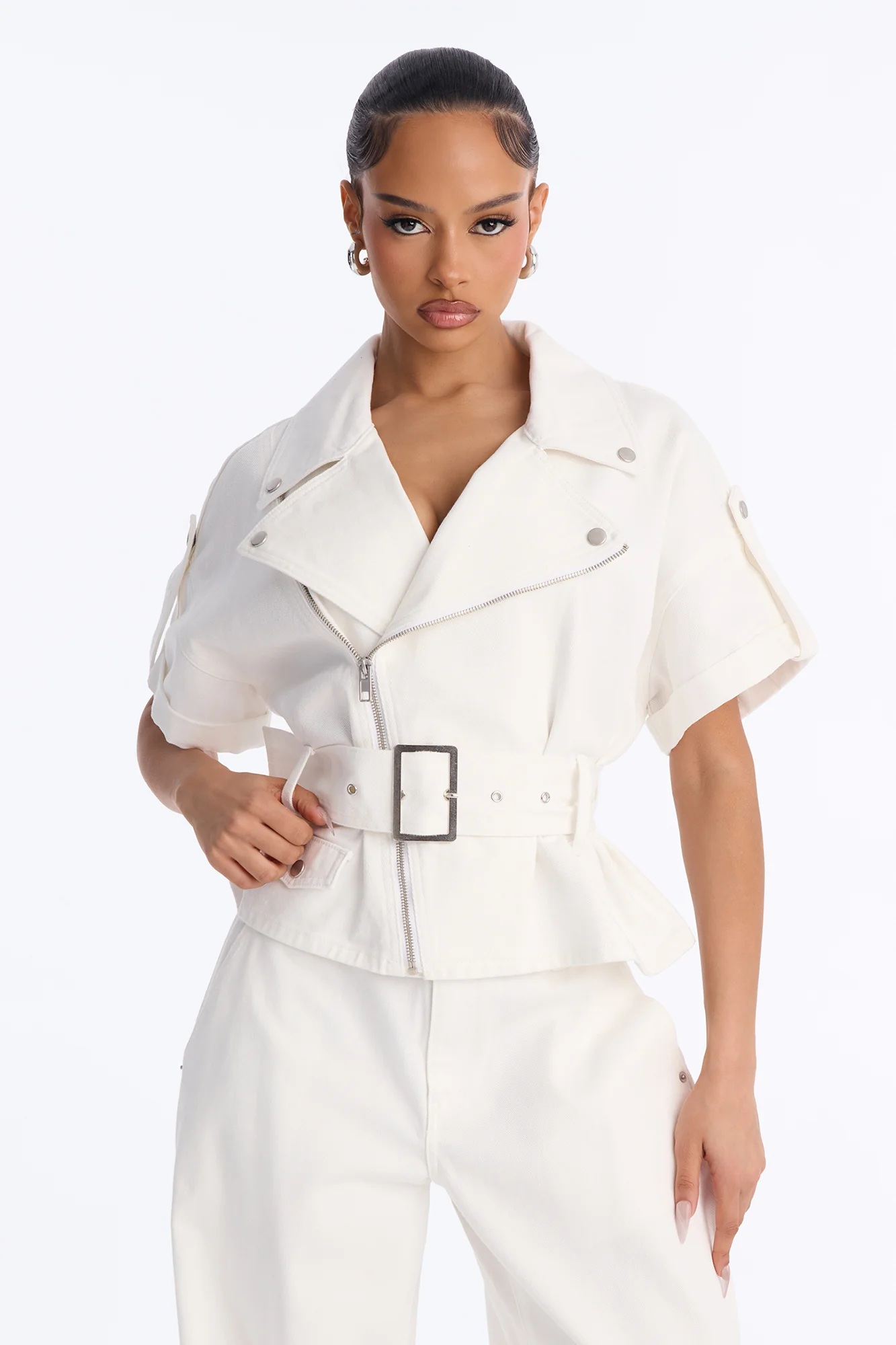 Tatiana Twill Moto Jacket - Ivory