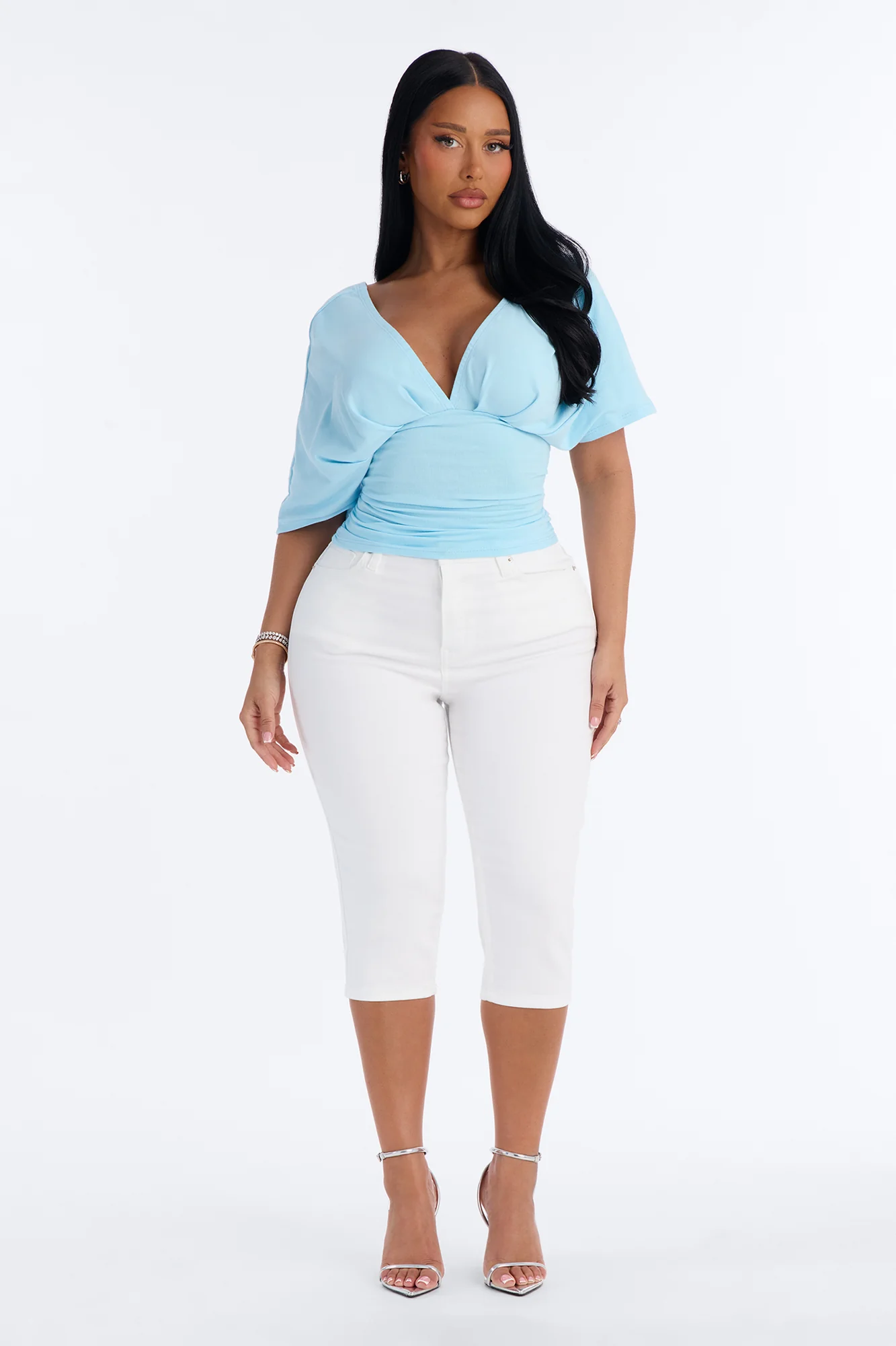 Taylor Cinched Waist Ruched Short Sleeve Top - Blue - Image 2