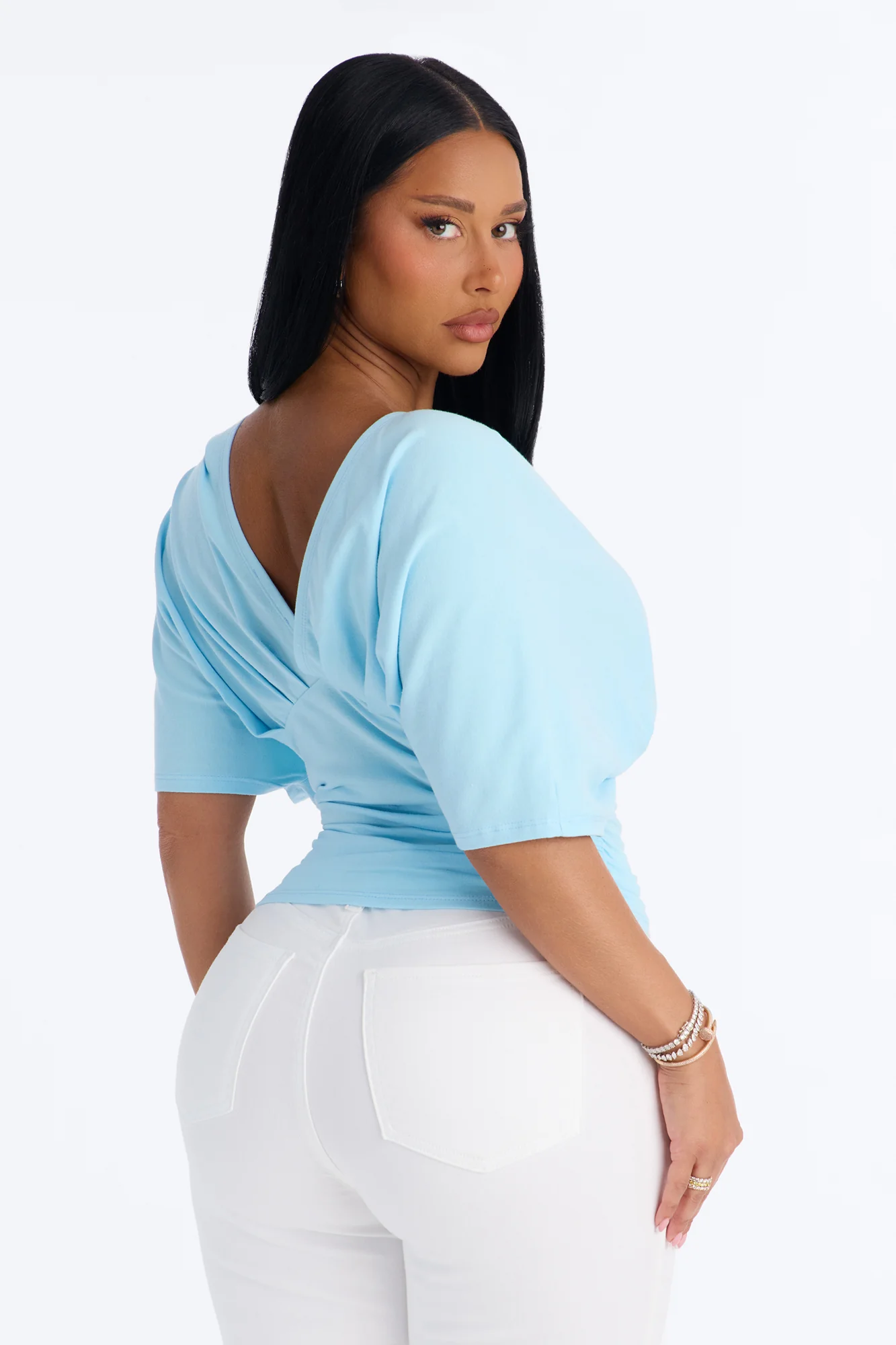 Taylor Cinched Waist Ruched Short Sleeve Top - Blue - Image 3