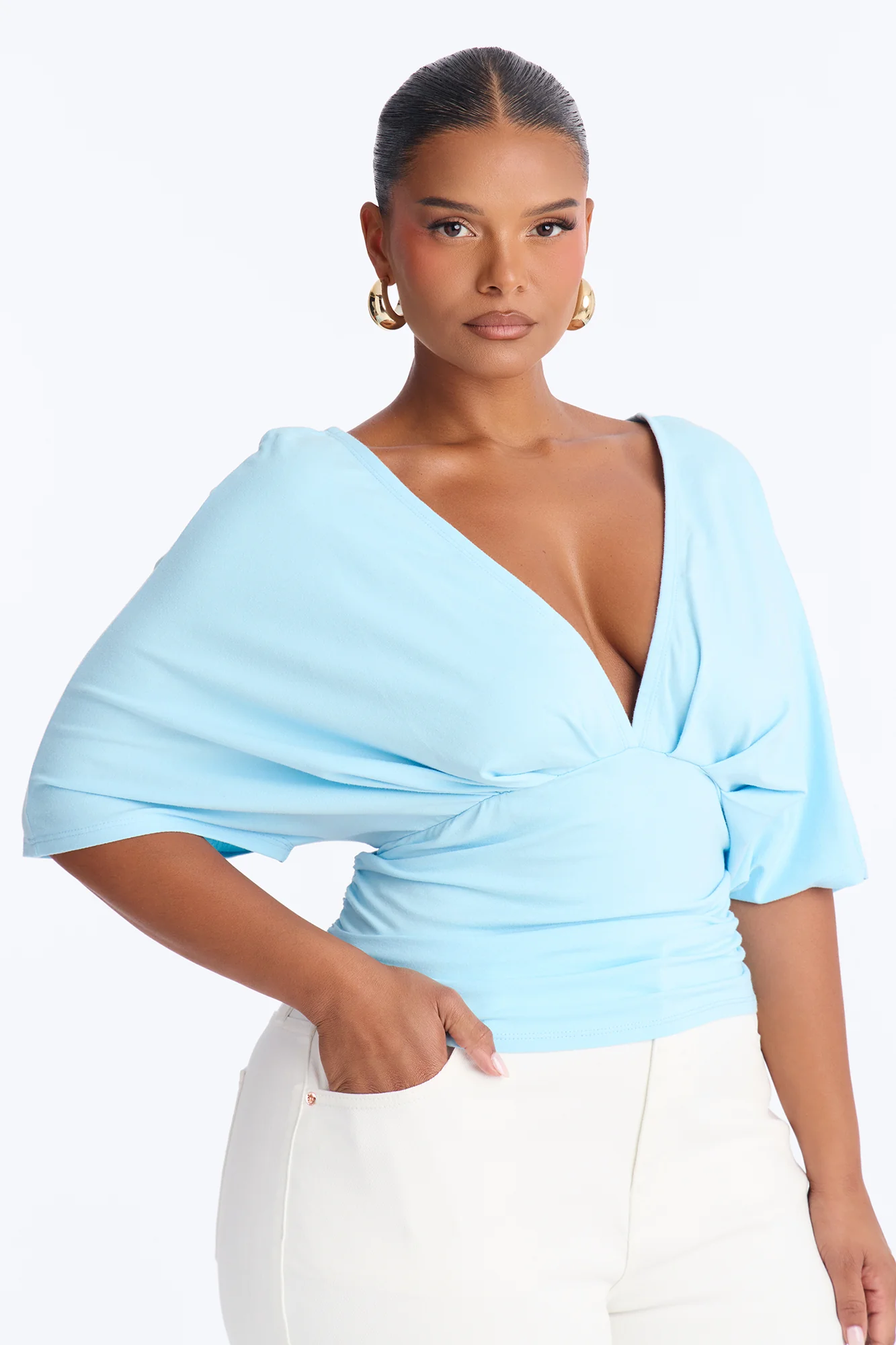 Taylor Cinched Waist Ruched Short Sleeve Top - Blue - Image 4
