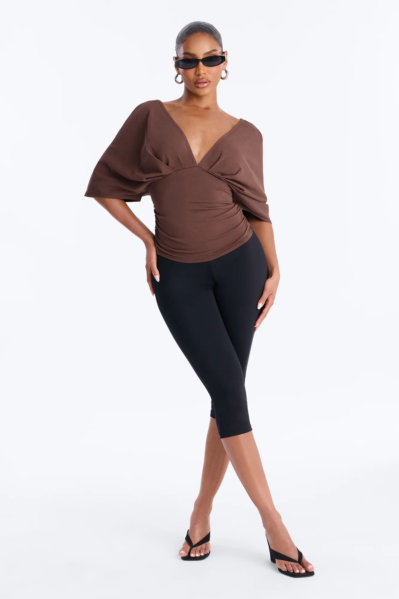 Taylor Cinched Waist Ruched Short Sleeve Top - Brown - Image 2