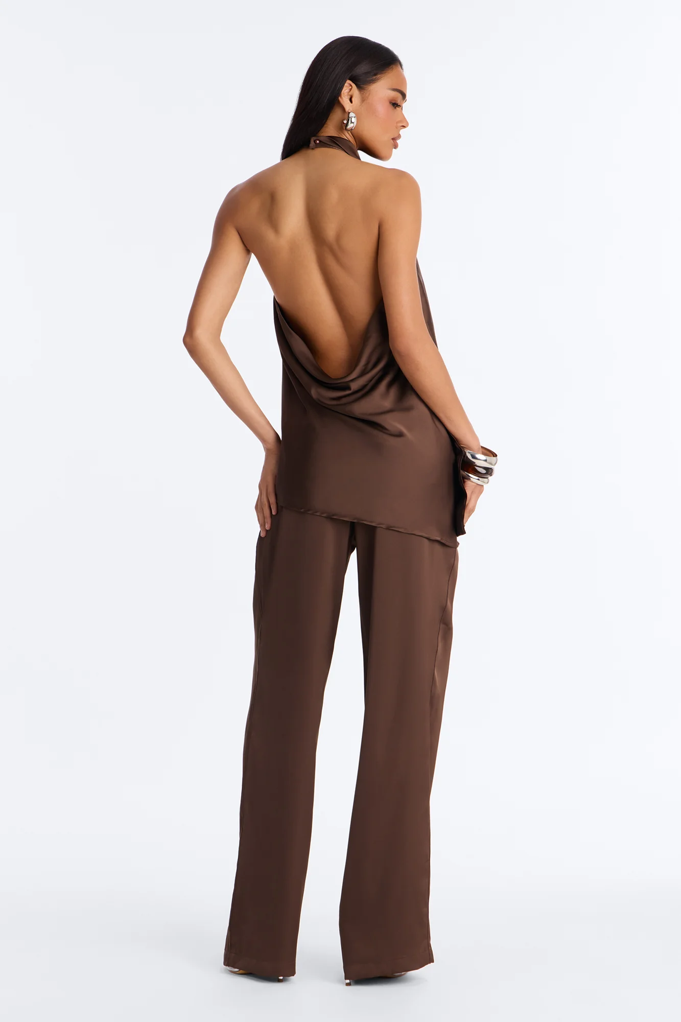 Teagan Low Rise Satin Wide Leg Pant 33″ - Chocolate - Image 4
