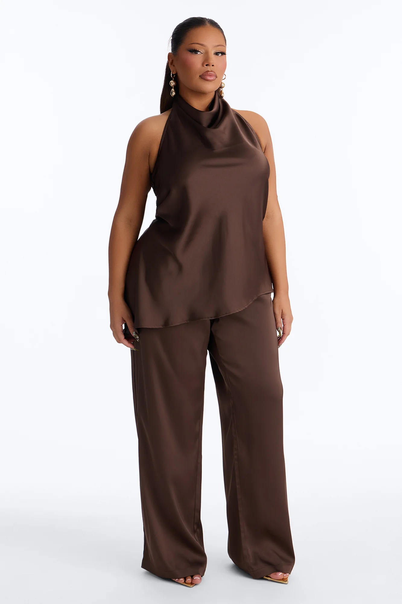 Teagan Low Rise Satin Wide Leg Pant 33″ - Chocolate - Image 5