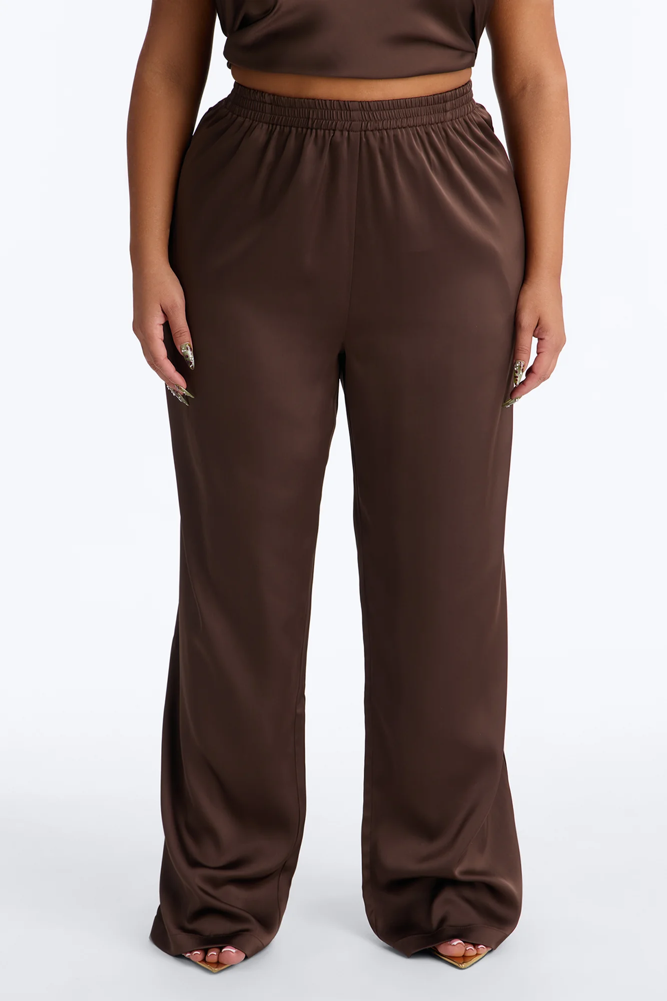 Teagan Low Rise Satin Wide Leg Pant 33″ - Chocolate - Image 6