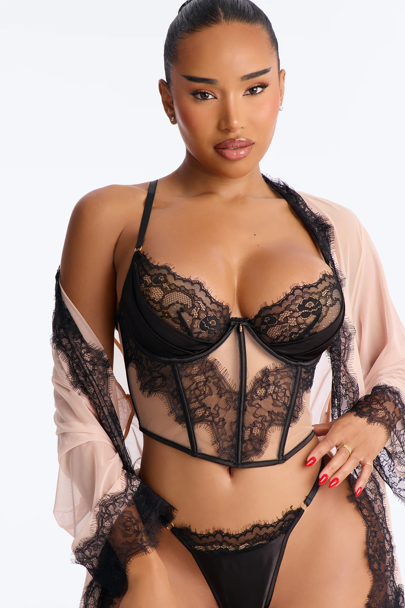 Tempted Mesh 3 Piece Corset And Panty Set With Robe - Black