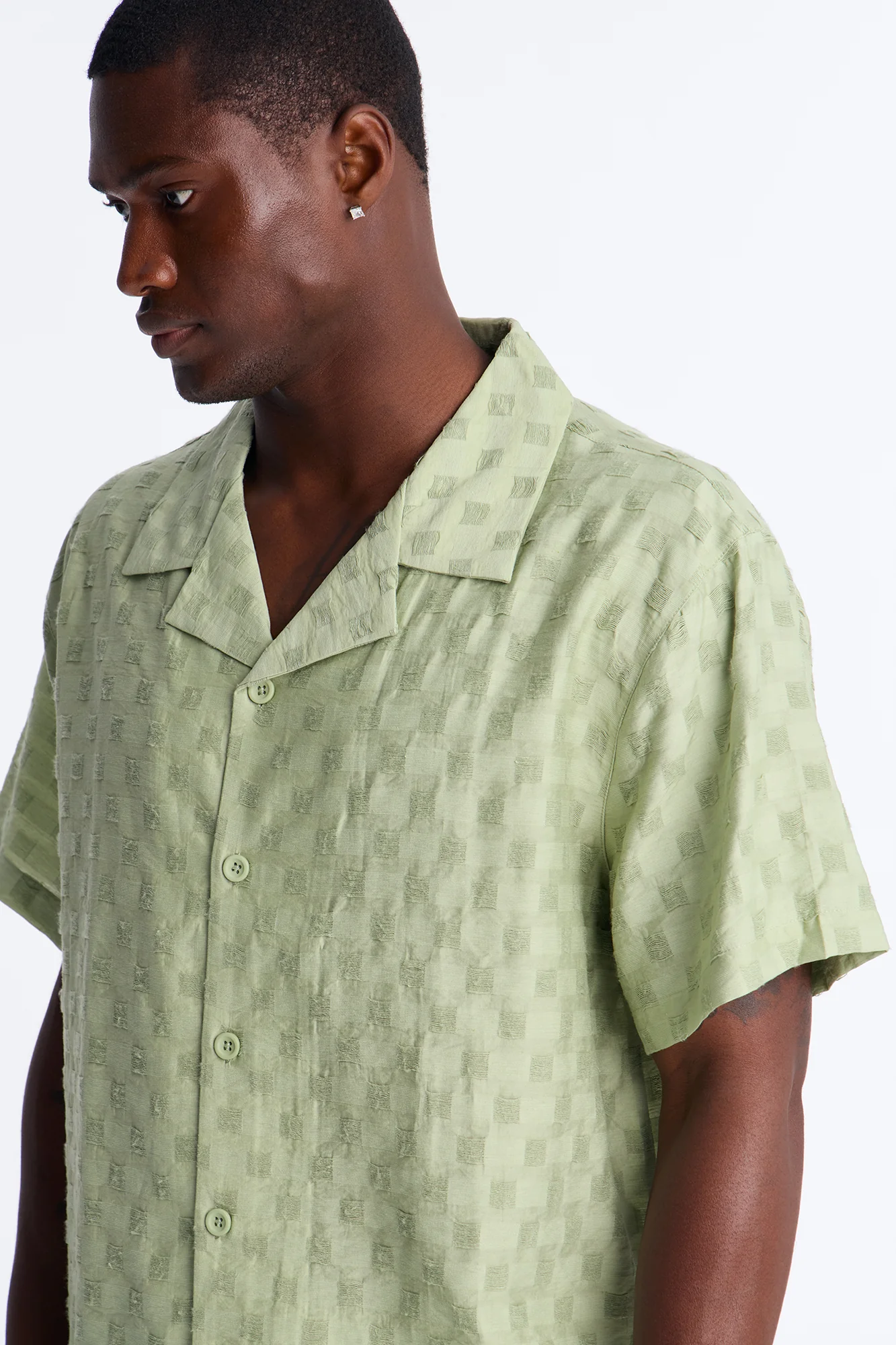 Textured Checkered Cuban Collar Button Up Shirt - Sage - Image 3