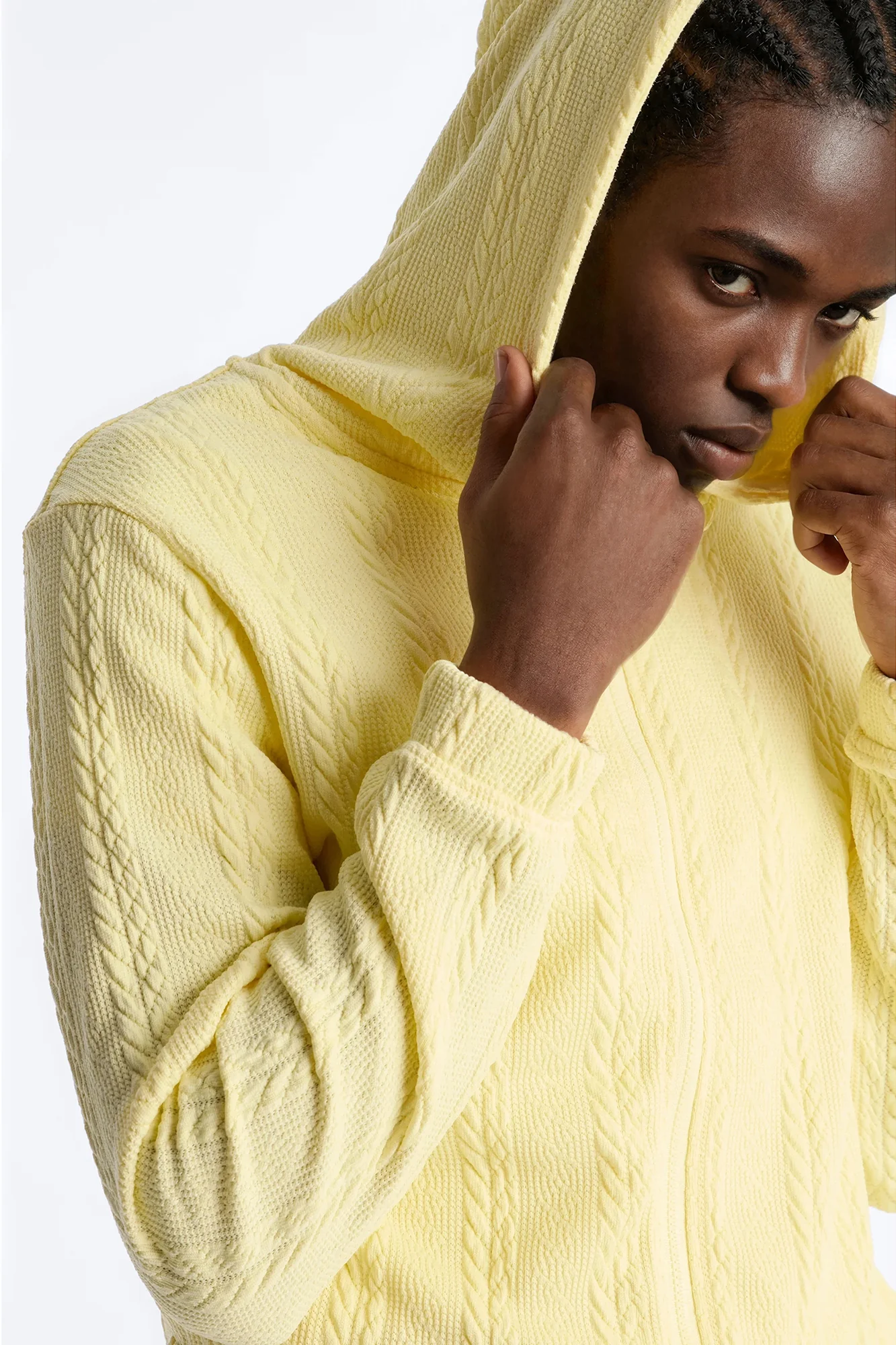 Textured Cozy Braided Hooded Jacket - Butter Yellow - Image 3