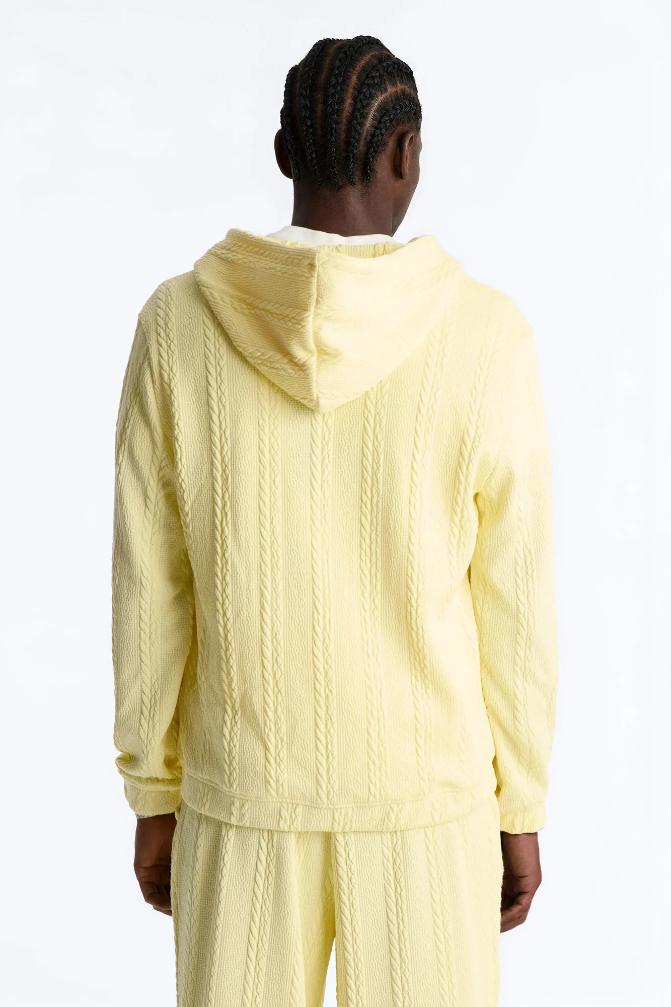 Textured Cozy Braided Hooded Jacket - Butter Yellow - Image 4