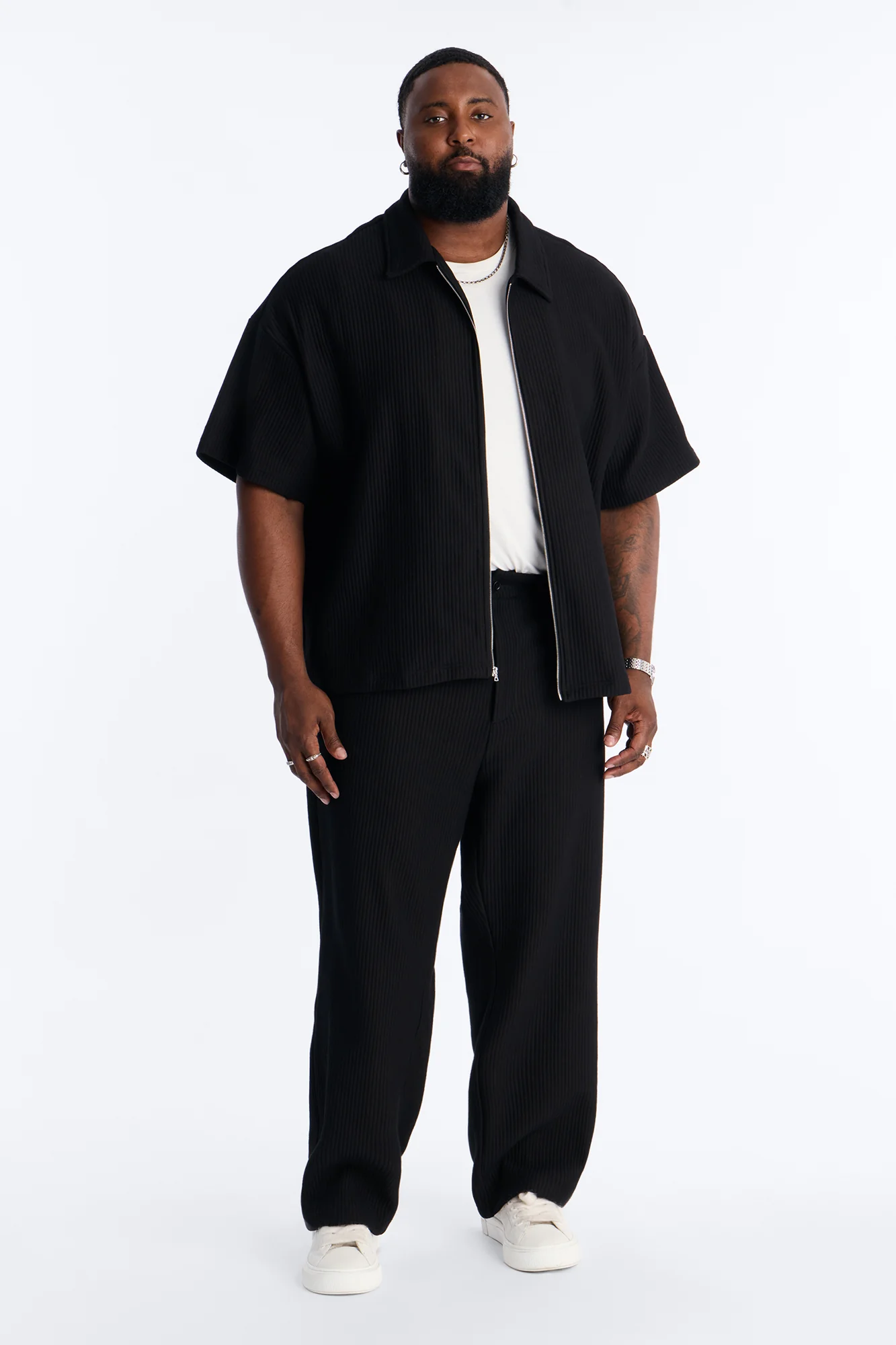 Textured Oversized Fleece Zip Up Shirt - Black - Image 6