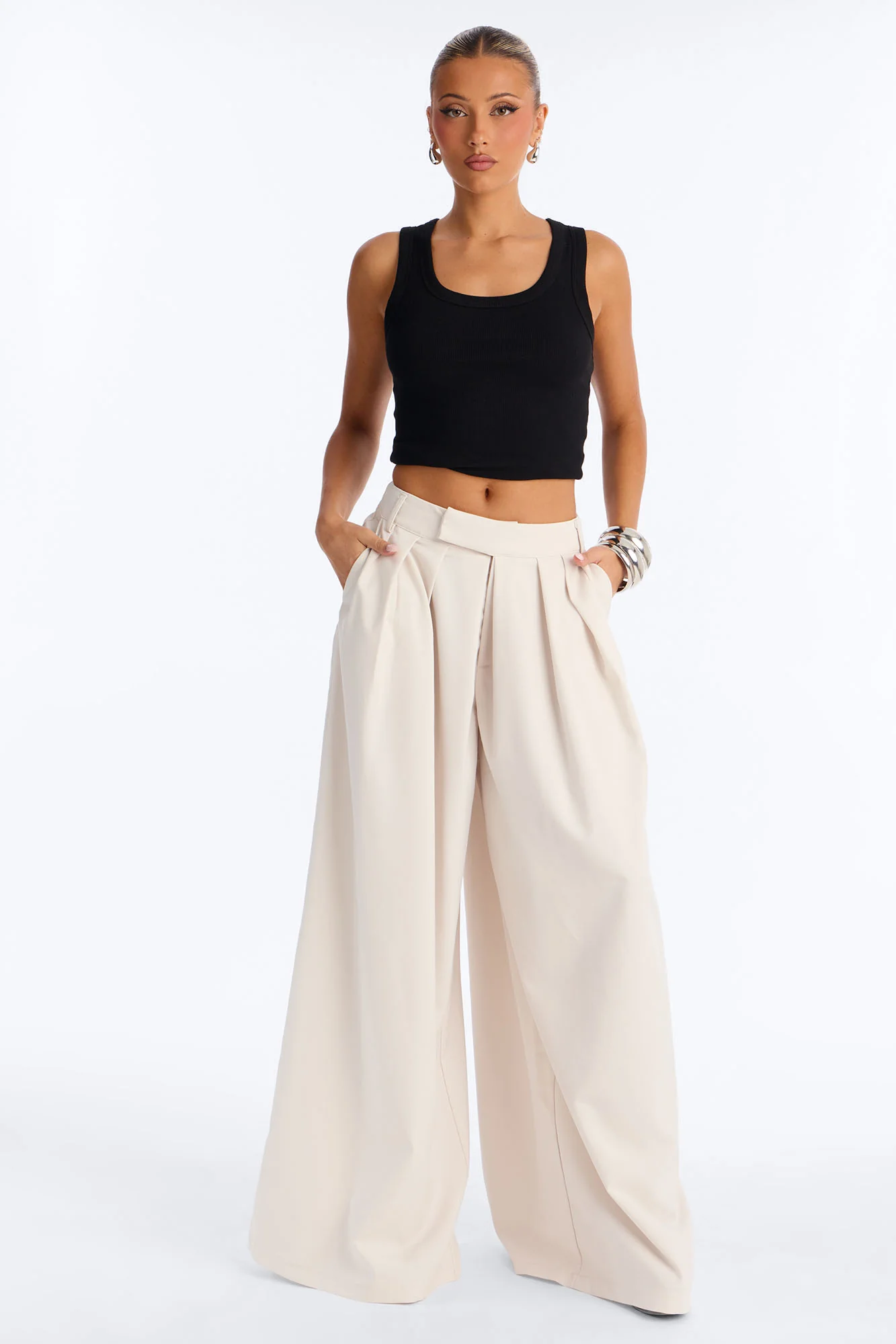 The Kayne Pleated Crossover Wide Leg Pant - Ivory
