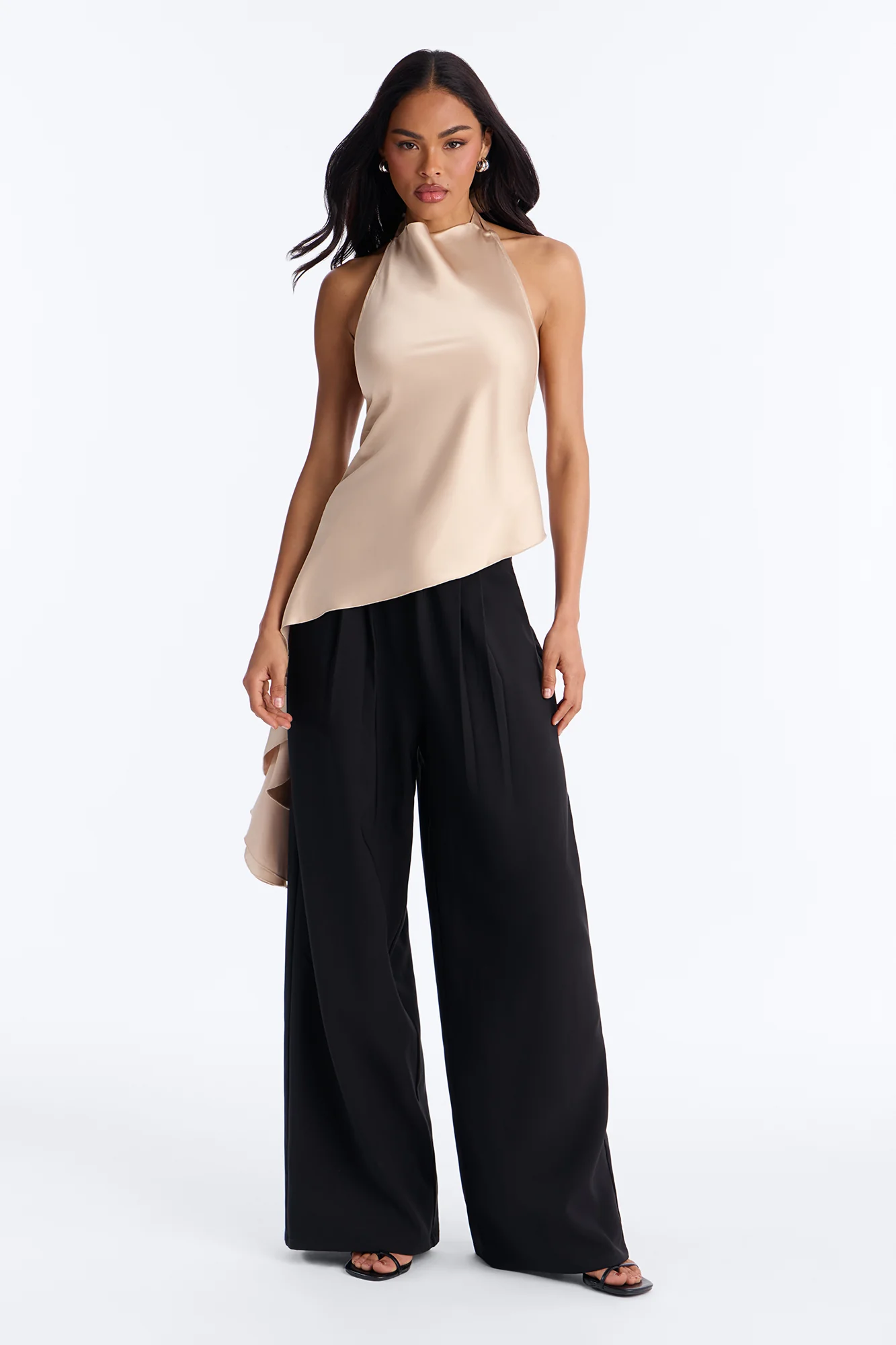 This Is The Look Asymmetrical Ruffle Satin Halter Top - Champagne