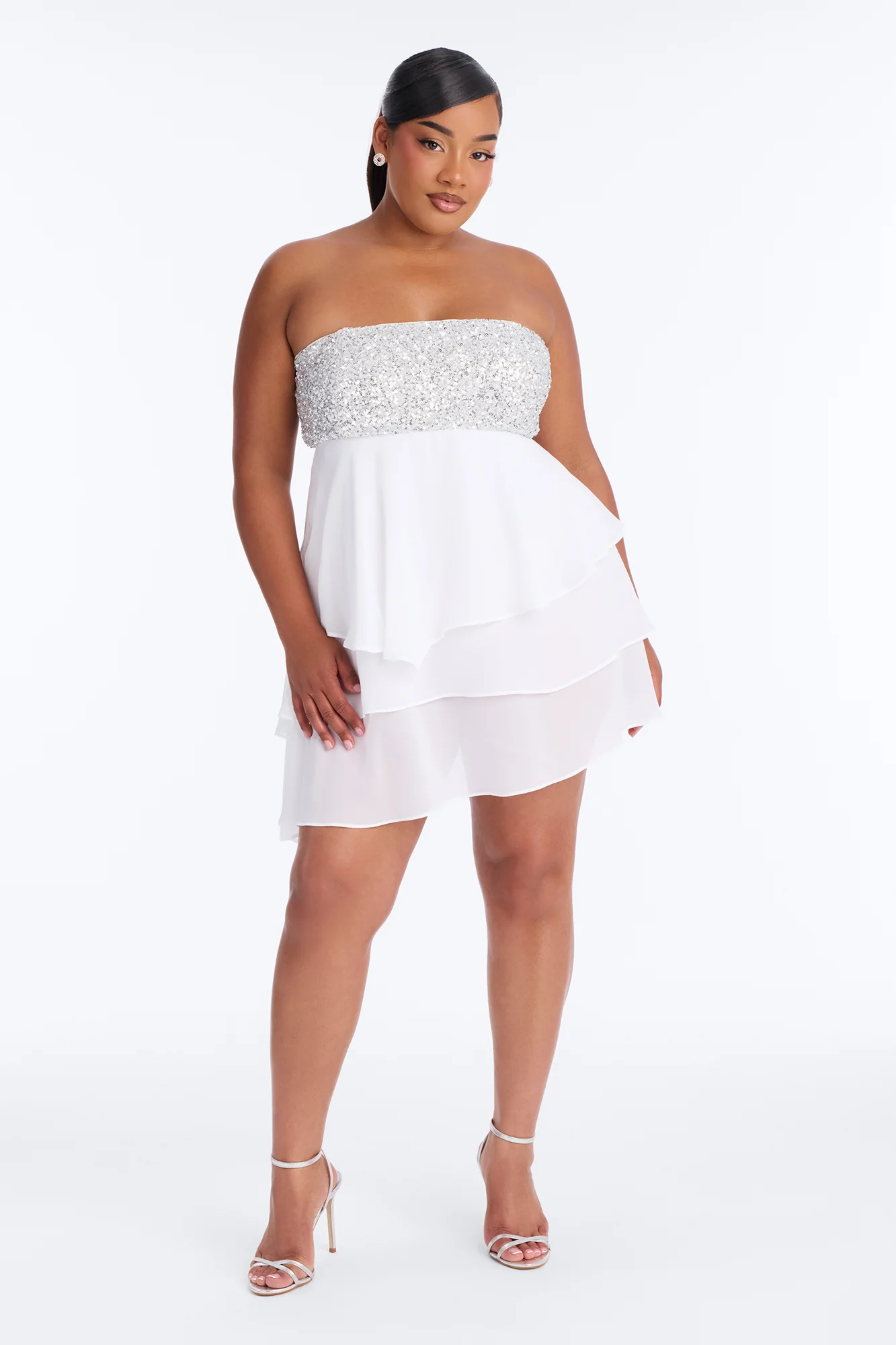 Timeless Sequin Trim Chiffon Mini Dress - White - Image 5