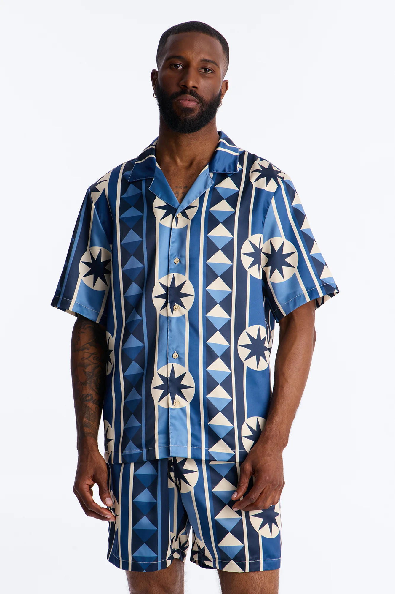 Toscana Geo Cuban Collar Shirt - Blue