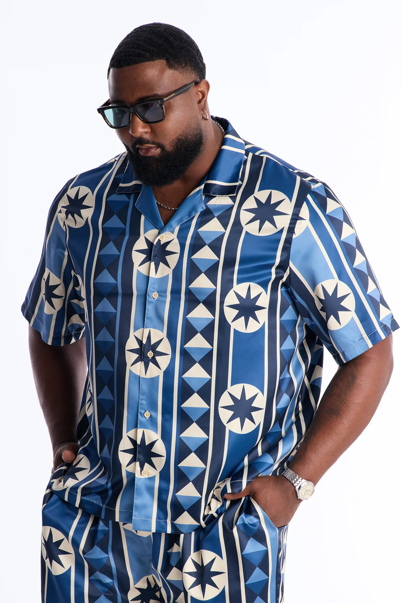 Toscana Geo Cuban Collar Shirt - Blue - Image 5