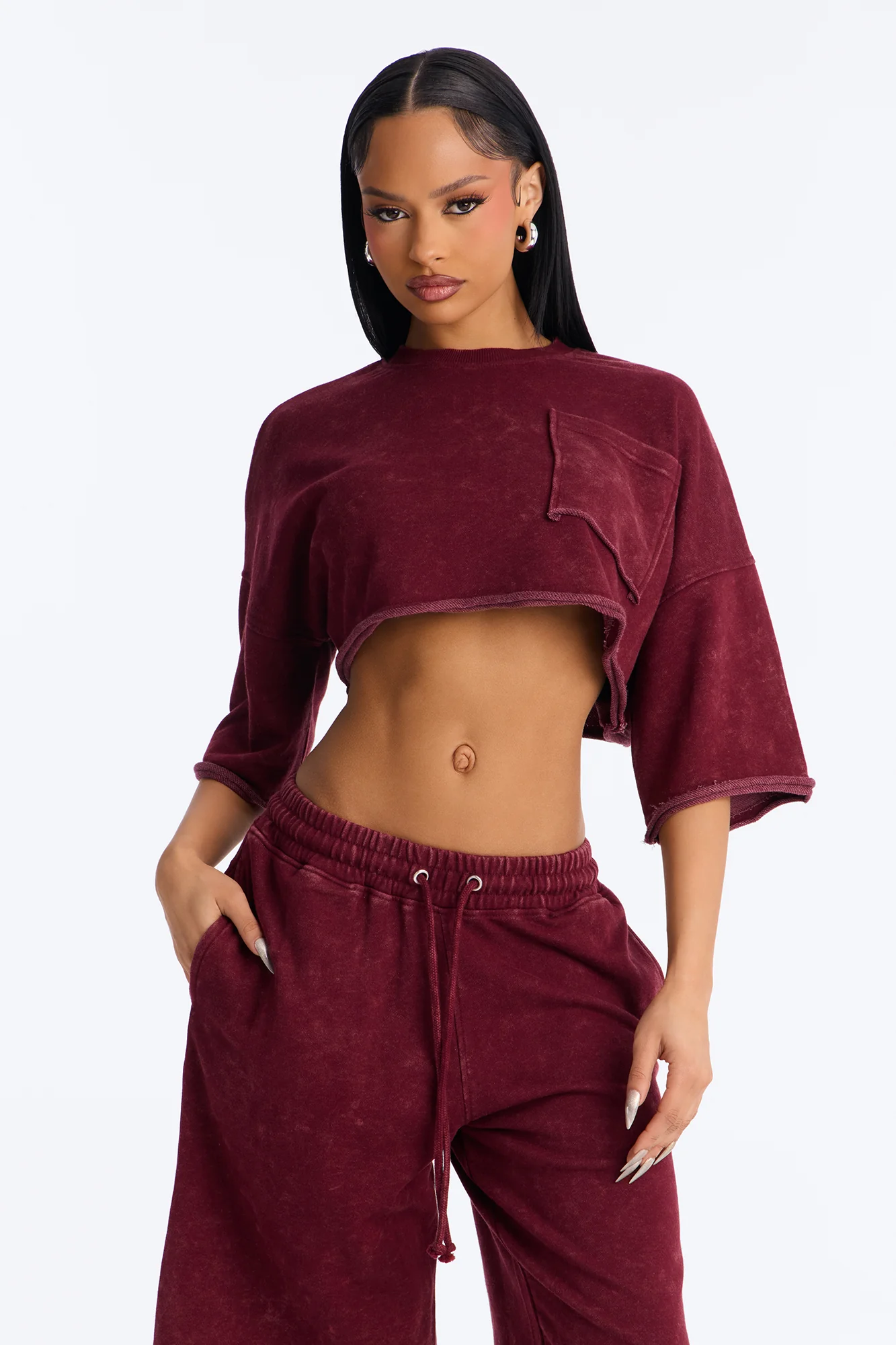 Trina Cropped French Terry Jort Set - Burgundy - Image 2