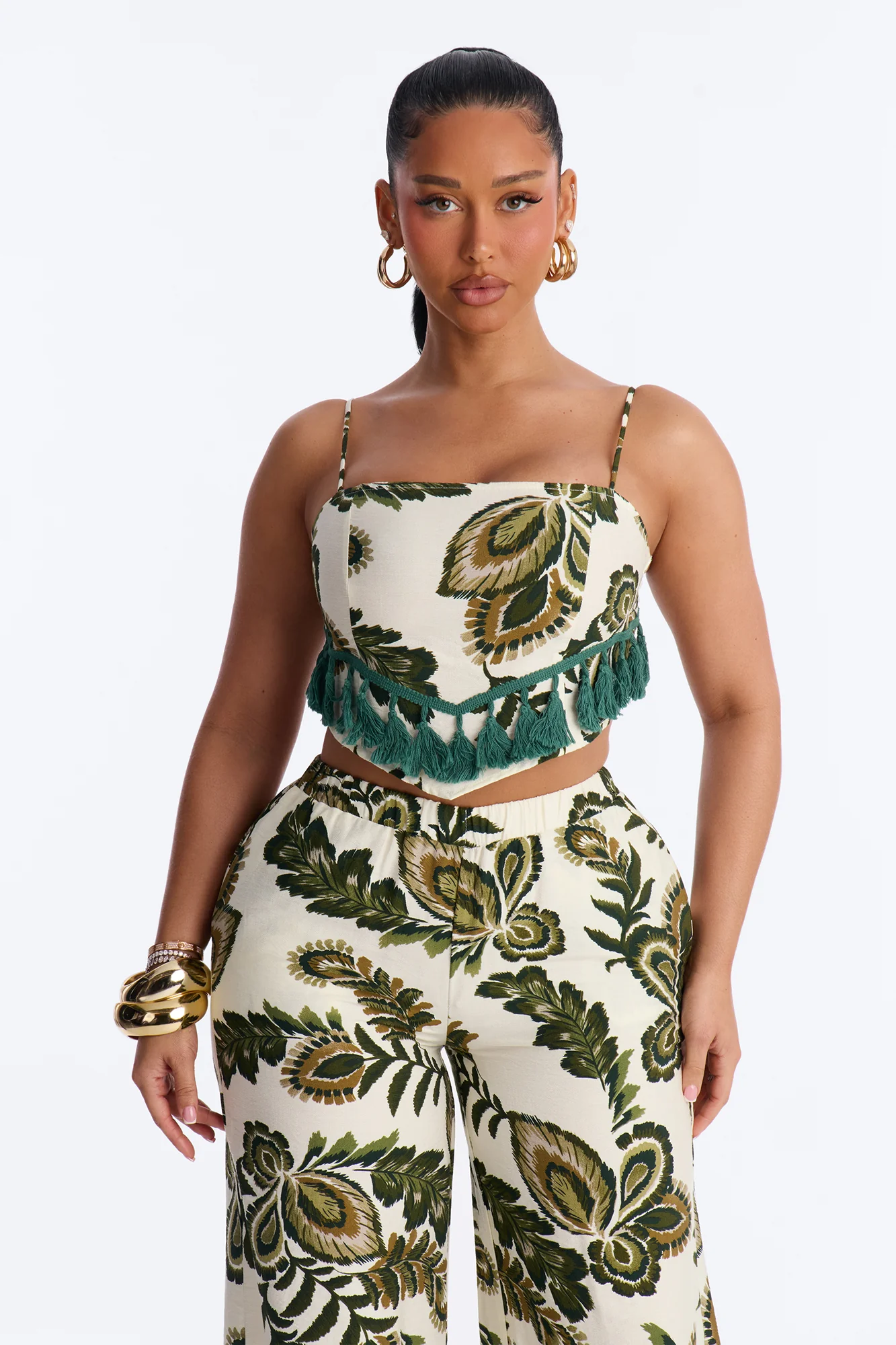 Tropics Linen Fringe Pant Set - Green/combo - Image 2