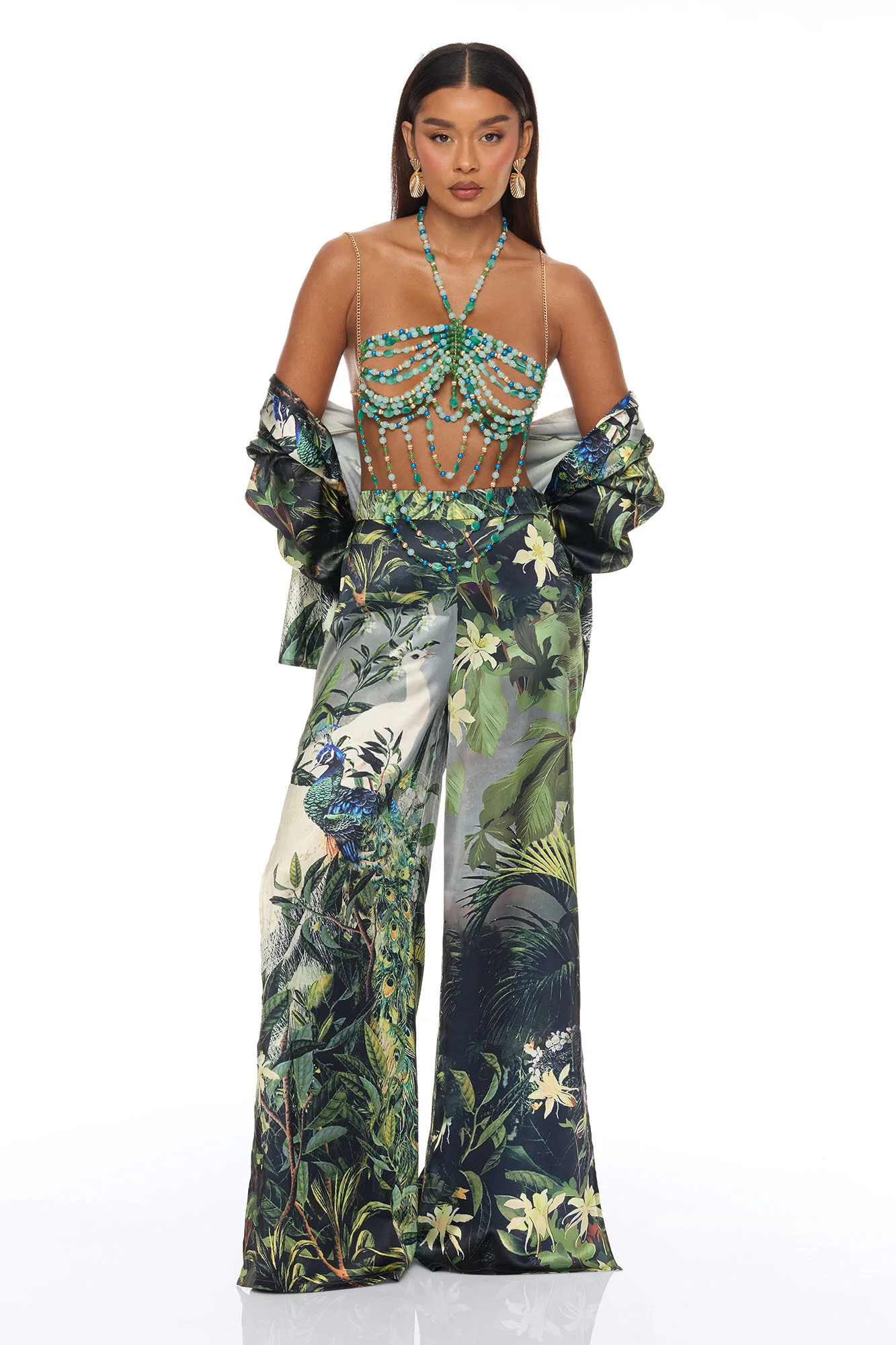 Tulum Escape 3 Piece Satin Pant Set - Green/combo