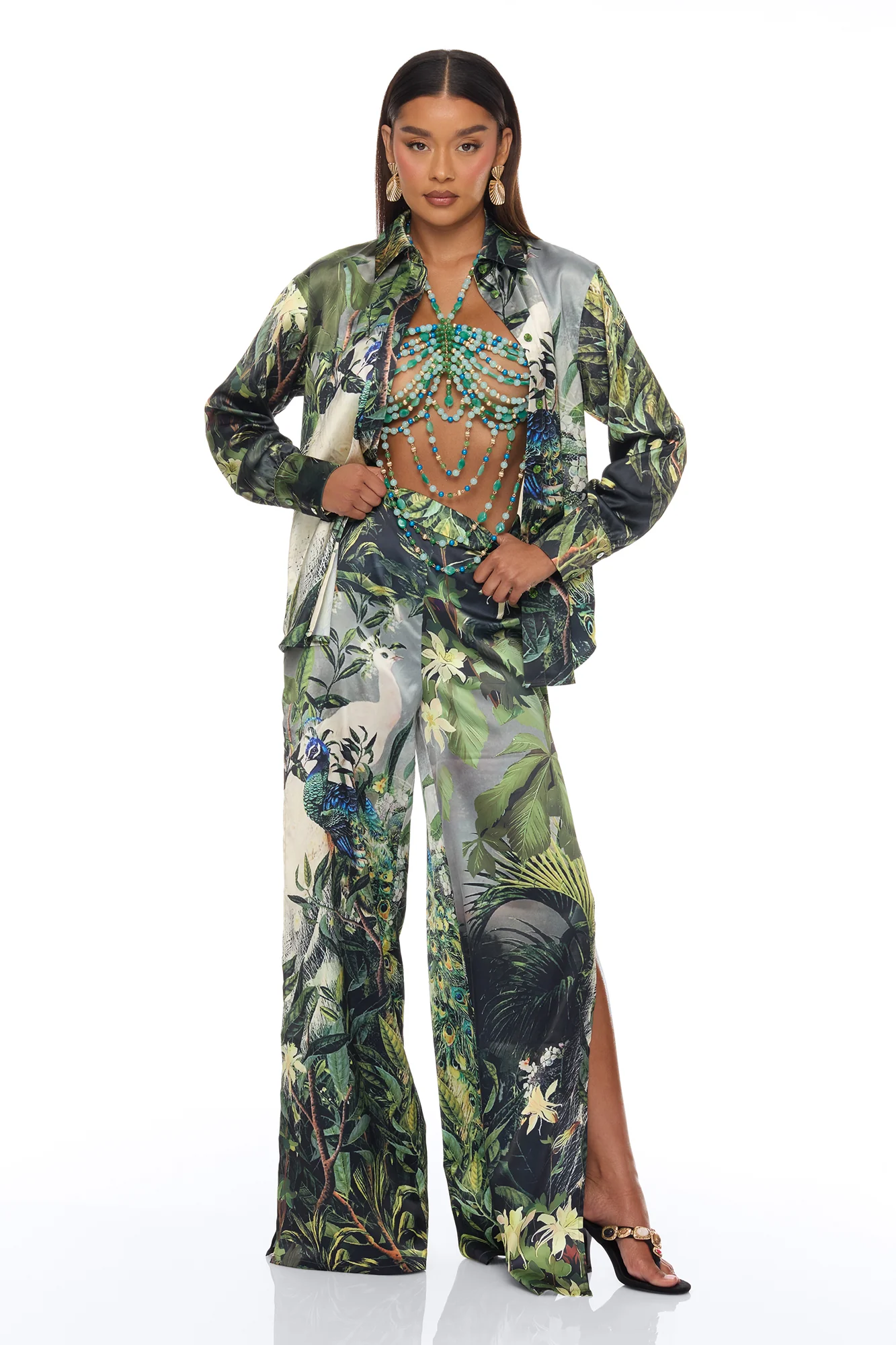 Tulum Escape 3 Piece Satin Pant Set - Green/combo - Image 3