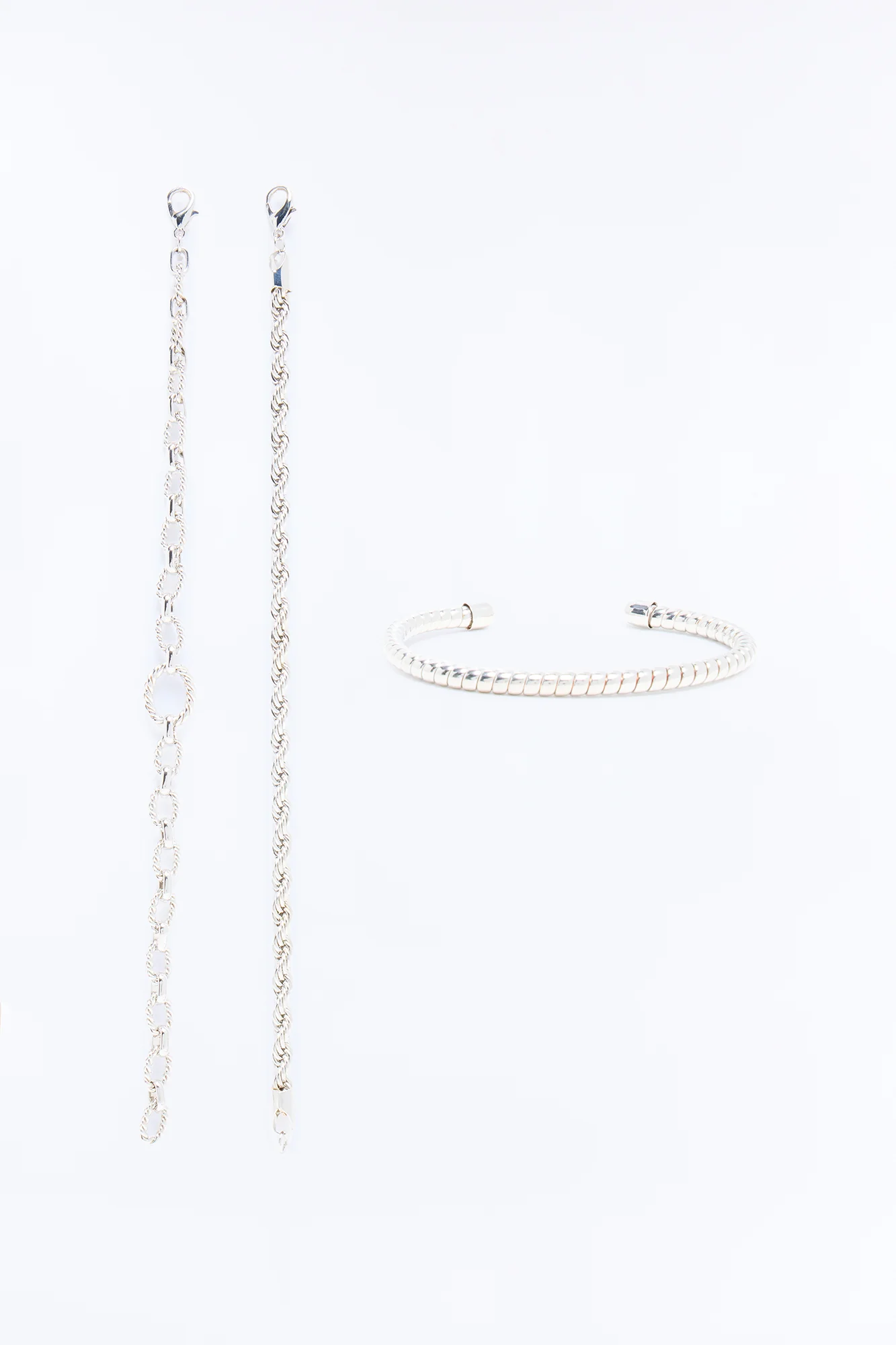 Twisted Rope Cuff And Chain Bracelet Set - Silver