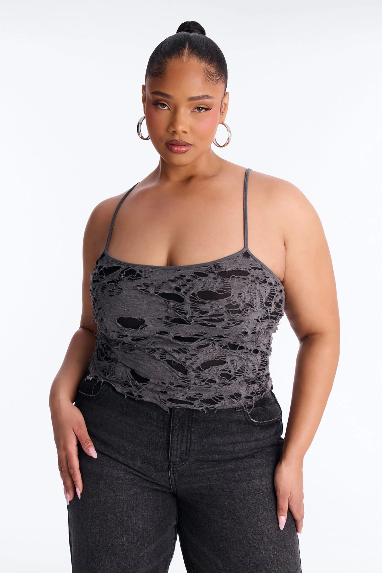 Undone Distressed Scoop Neck Tank Top - Charcoal - Image 5