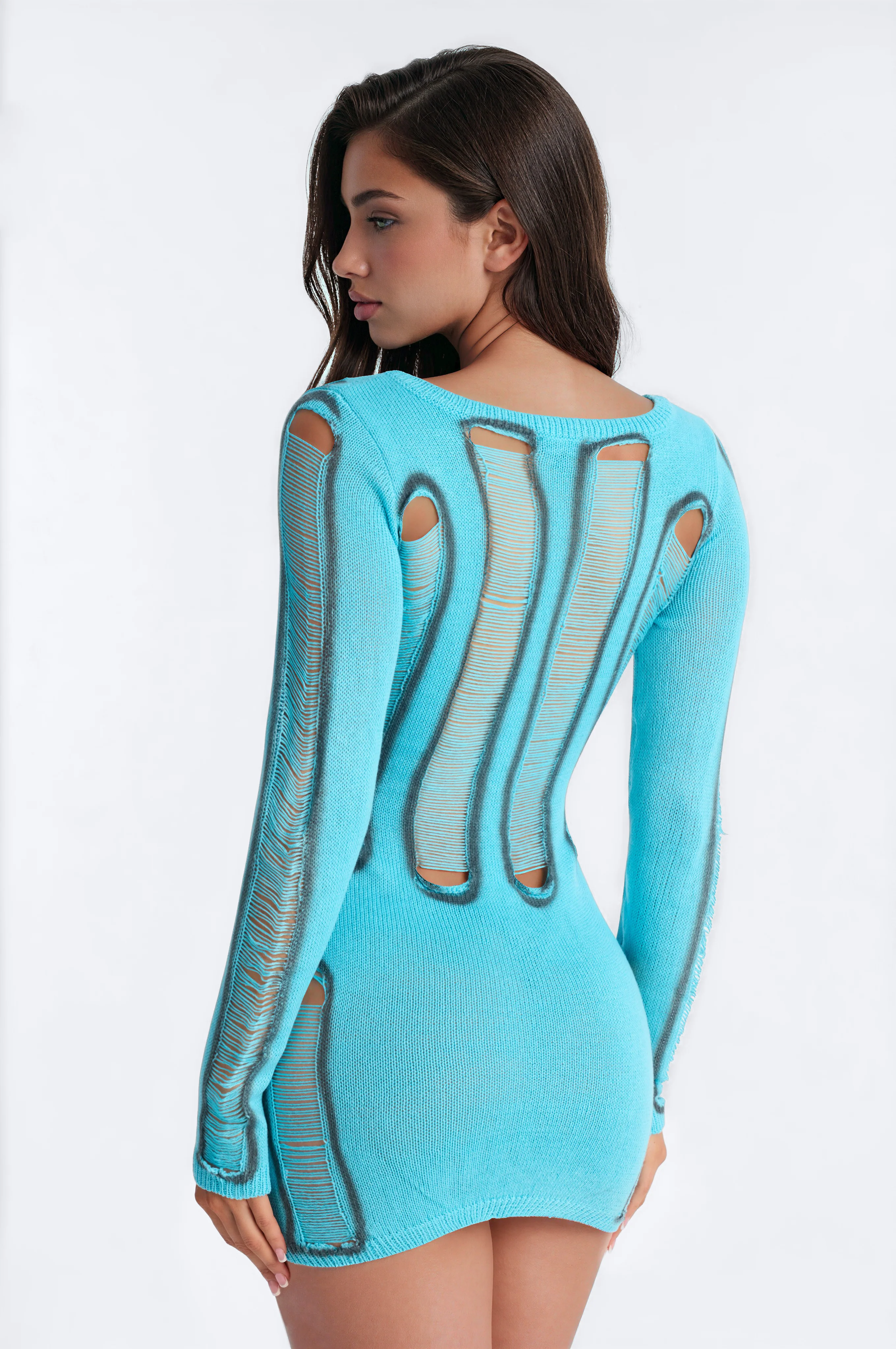 Unraveled Distressed Sweater Mini Dress - Blue - Image 4