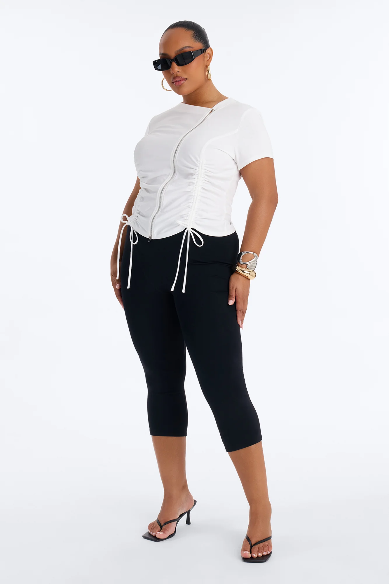 Unzip Me Ruched Short Sleeve Top - White - Image 6