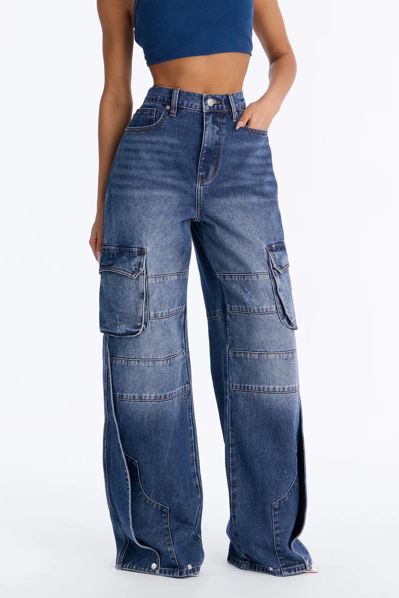 Upstate Baggy Cargo Wide Leg Jeans - Dark Wash