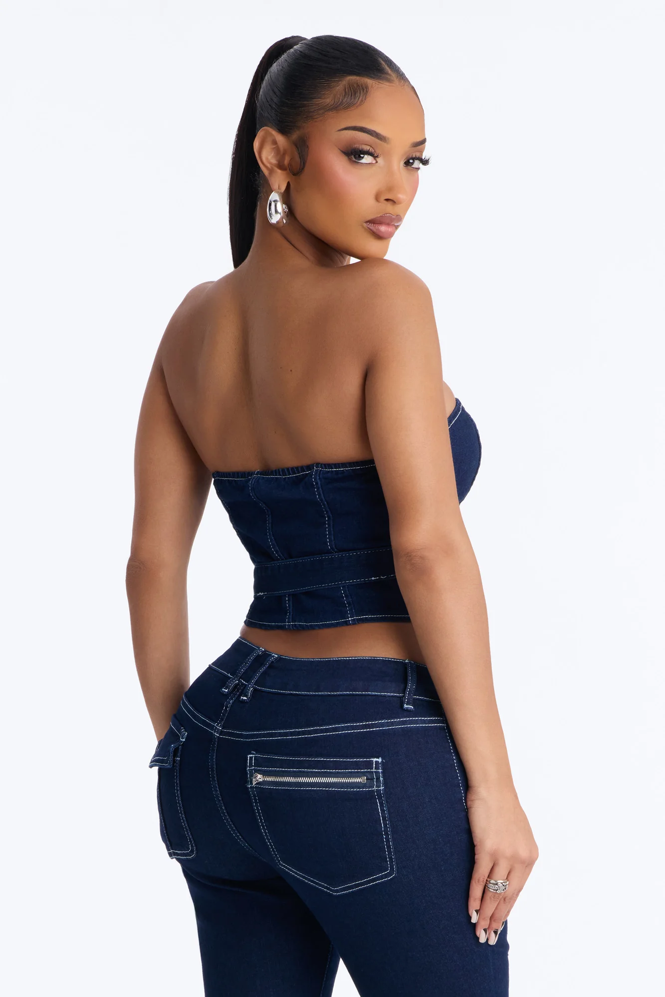 Urban Goddess Front Zip Belted Denim Top - Dark Wash - Image 4