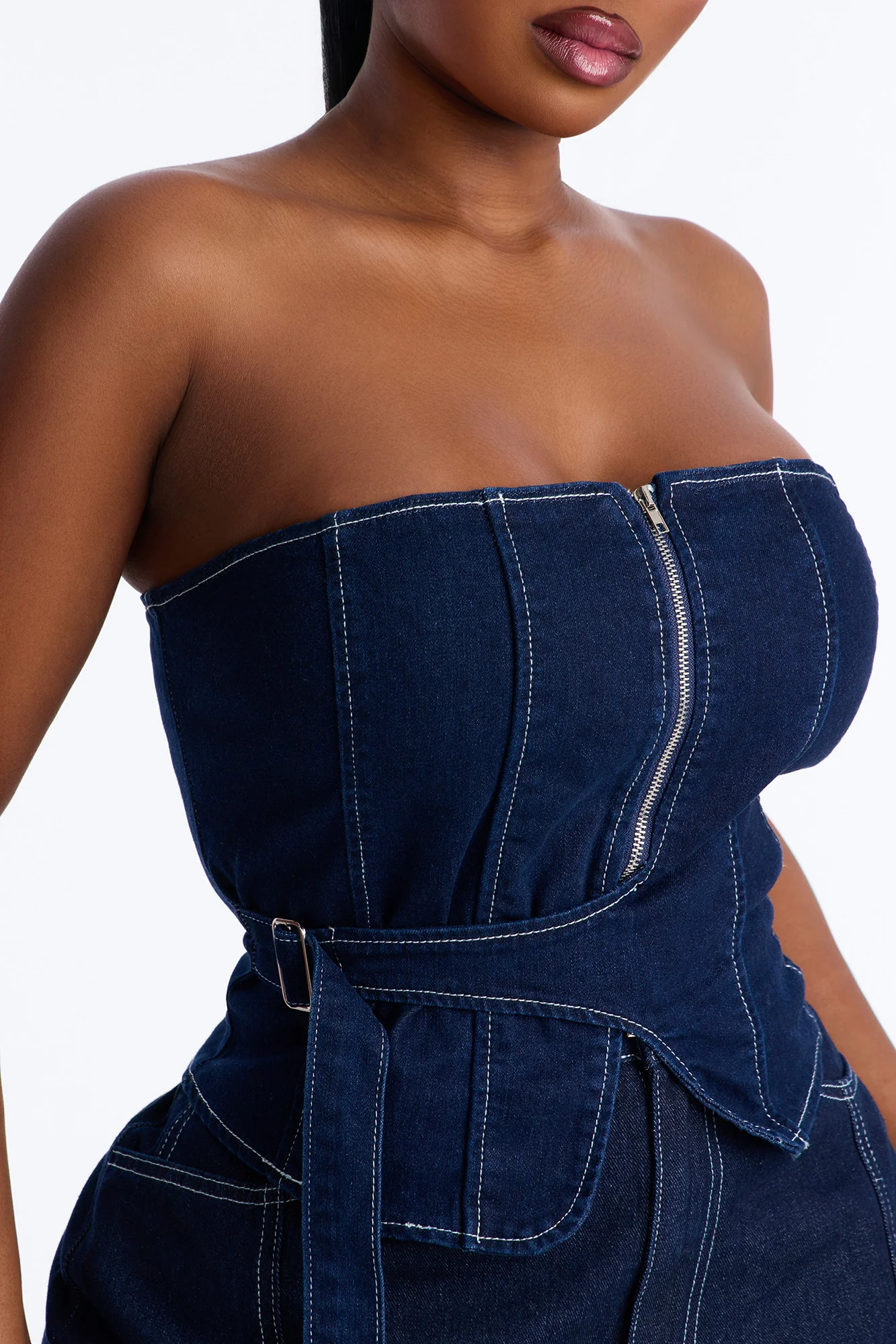 Urban Goddess Front Zip Belted Denim Top - Dark Wash - Image 7