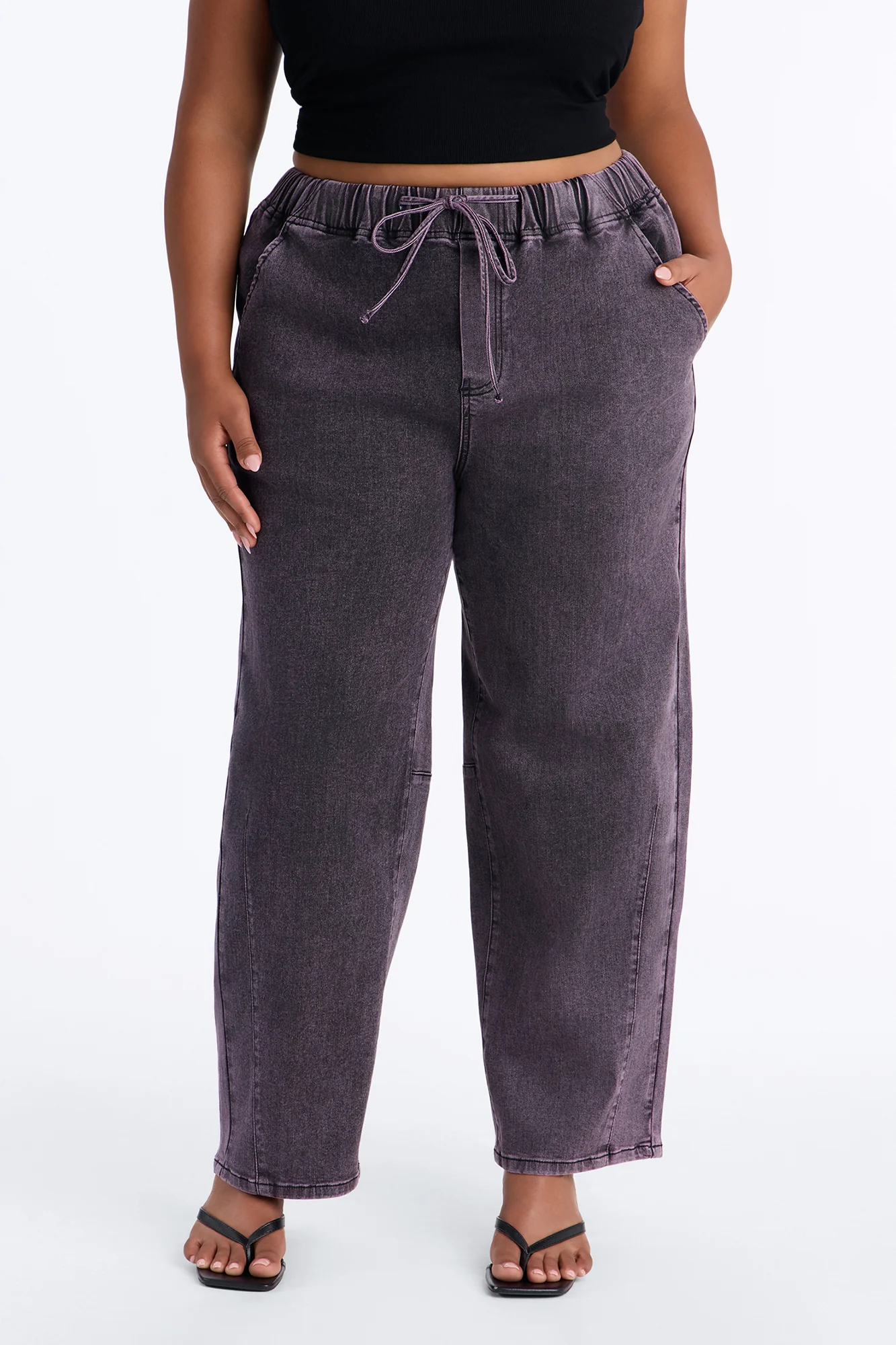 Vacay Mood Relaxed Tie Waist Jeans - Eggplant - Image 6