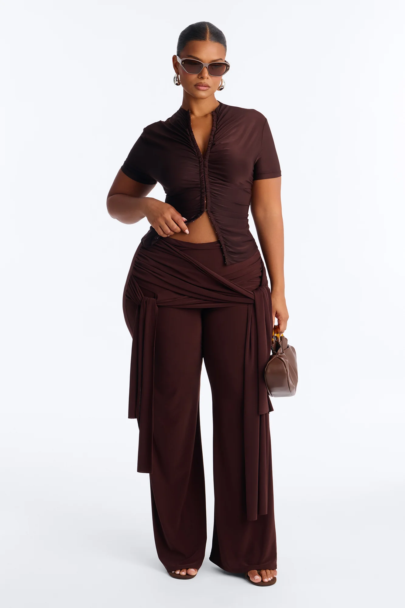Valentina Ruched Short Sleeve Top - Chocolate - Image 6
