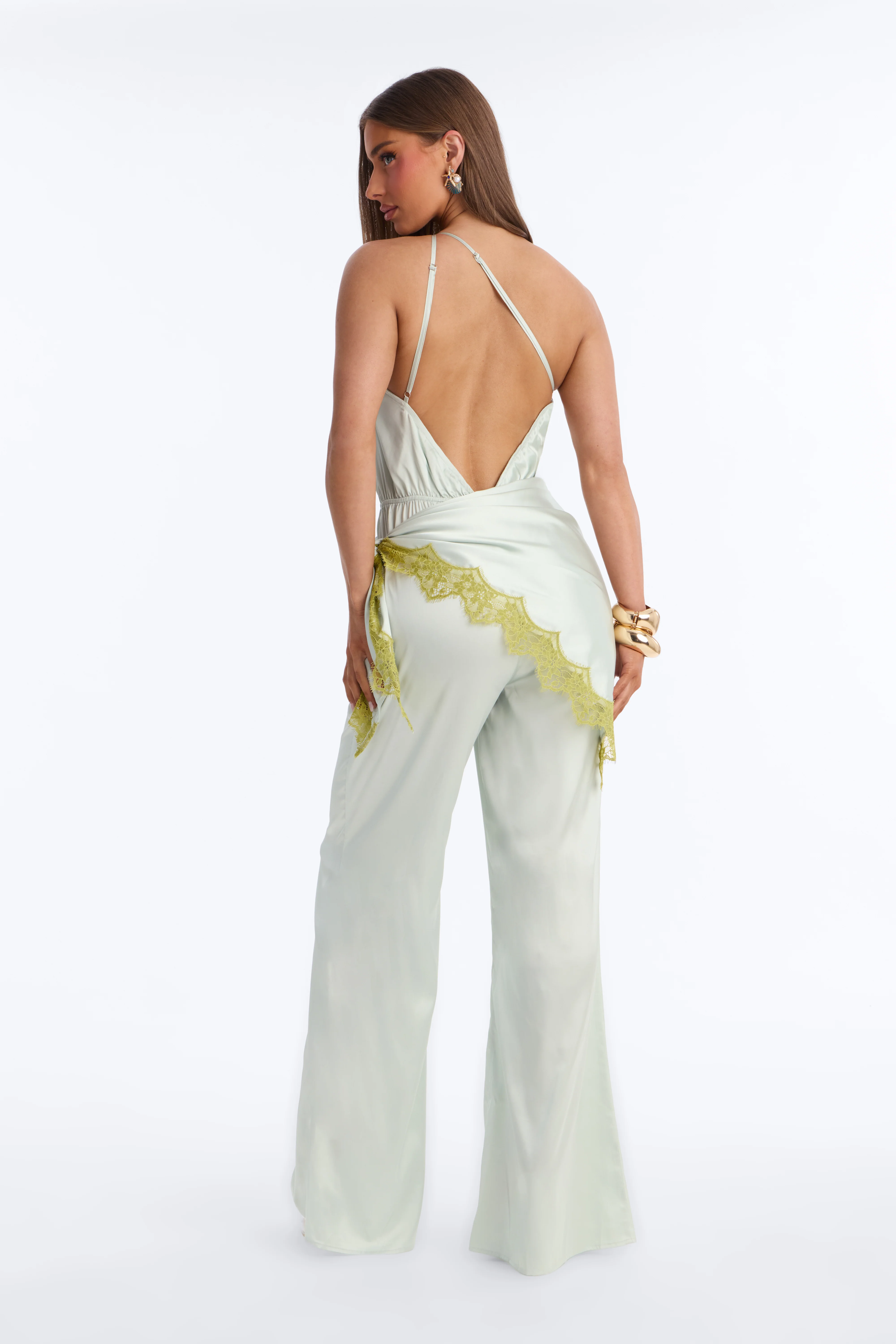 Valeria Satin Waist Scarf Wide Leg Jumpsuit - Mint - Image 4