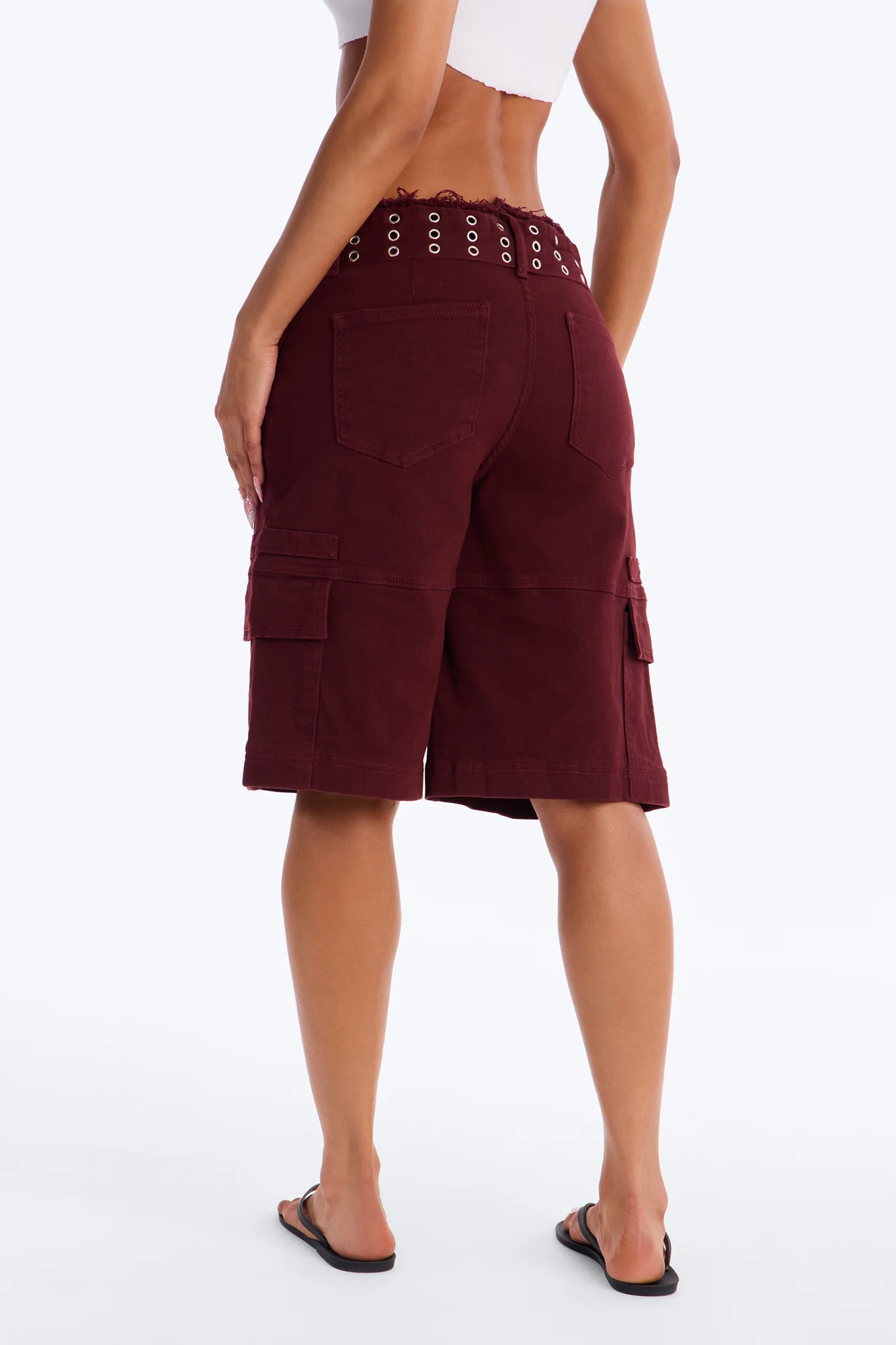 Valerie Cargo Cut Off Waistband Denim Shorts - Wine - Image 4