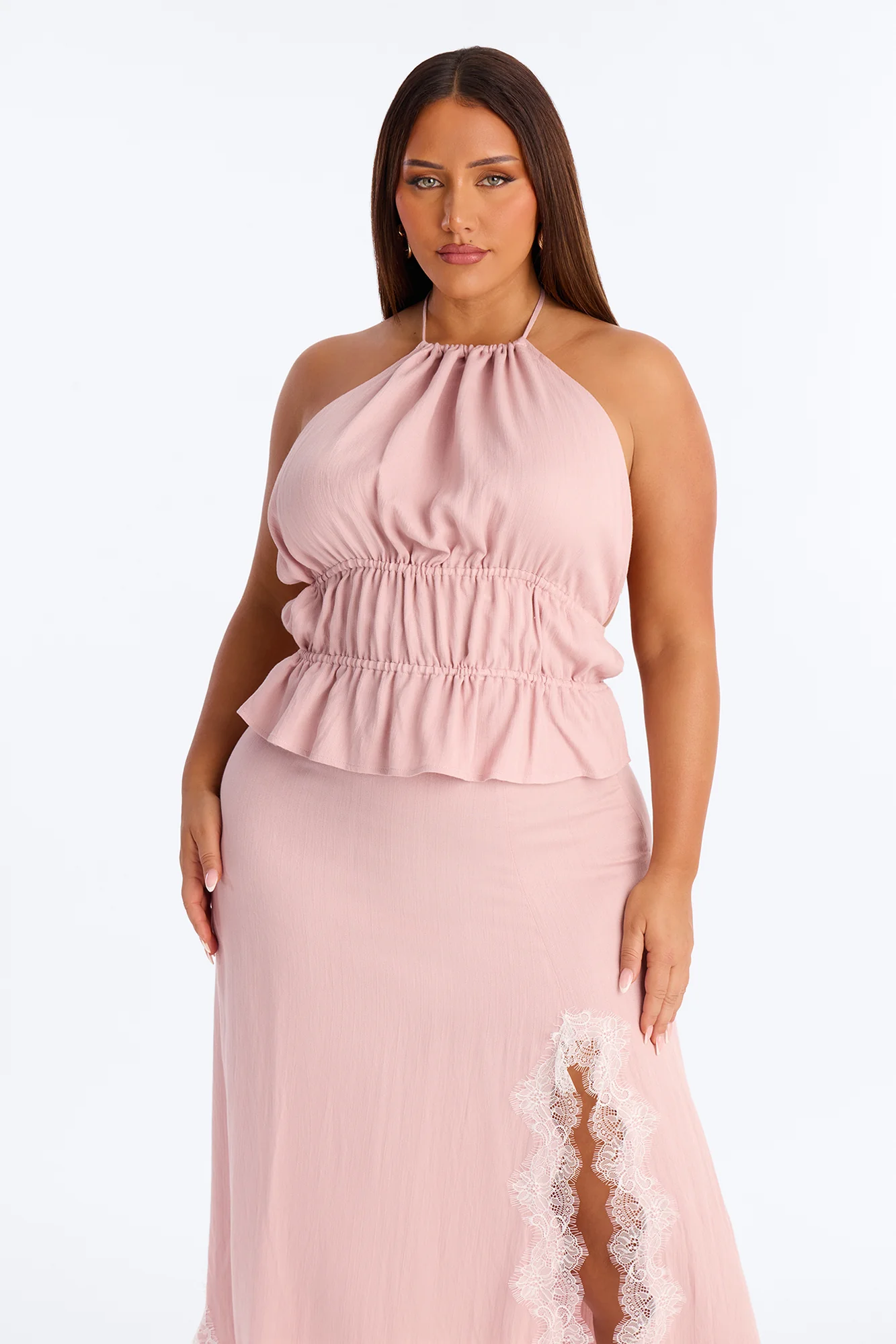 Valerie Lace Trim Linen Skirt Set - Pink - Image 6