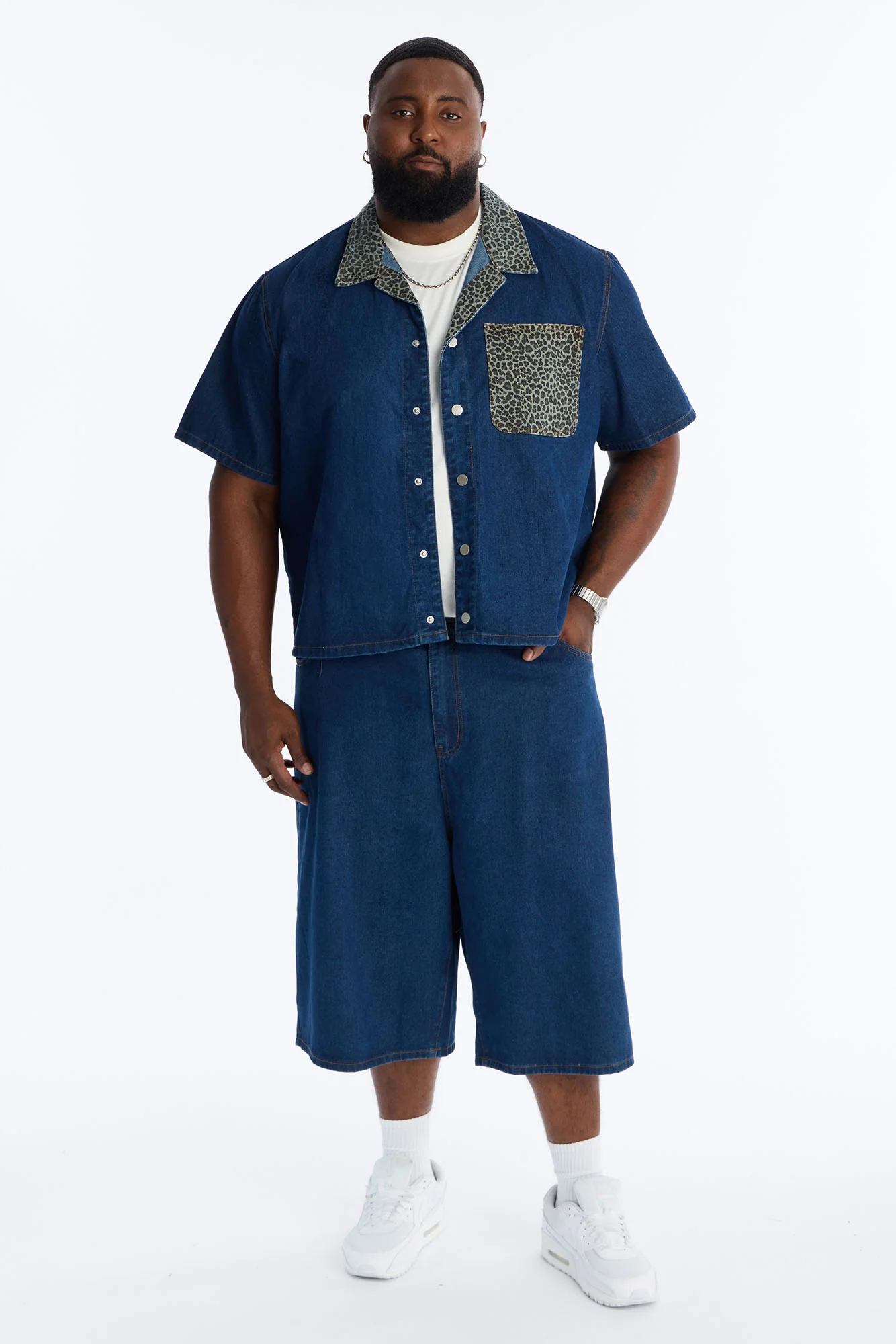 Vandal Leopard Denim Cuban Collar Shirt - Dark Wash - Image 5