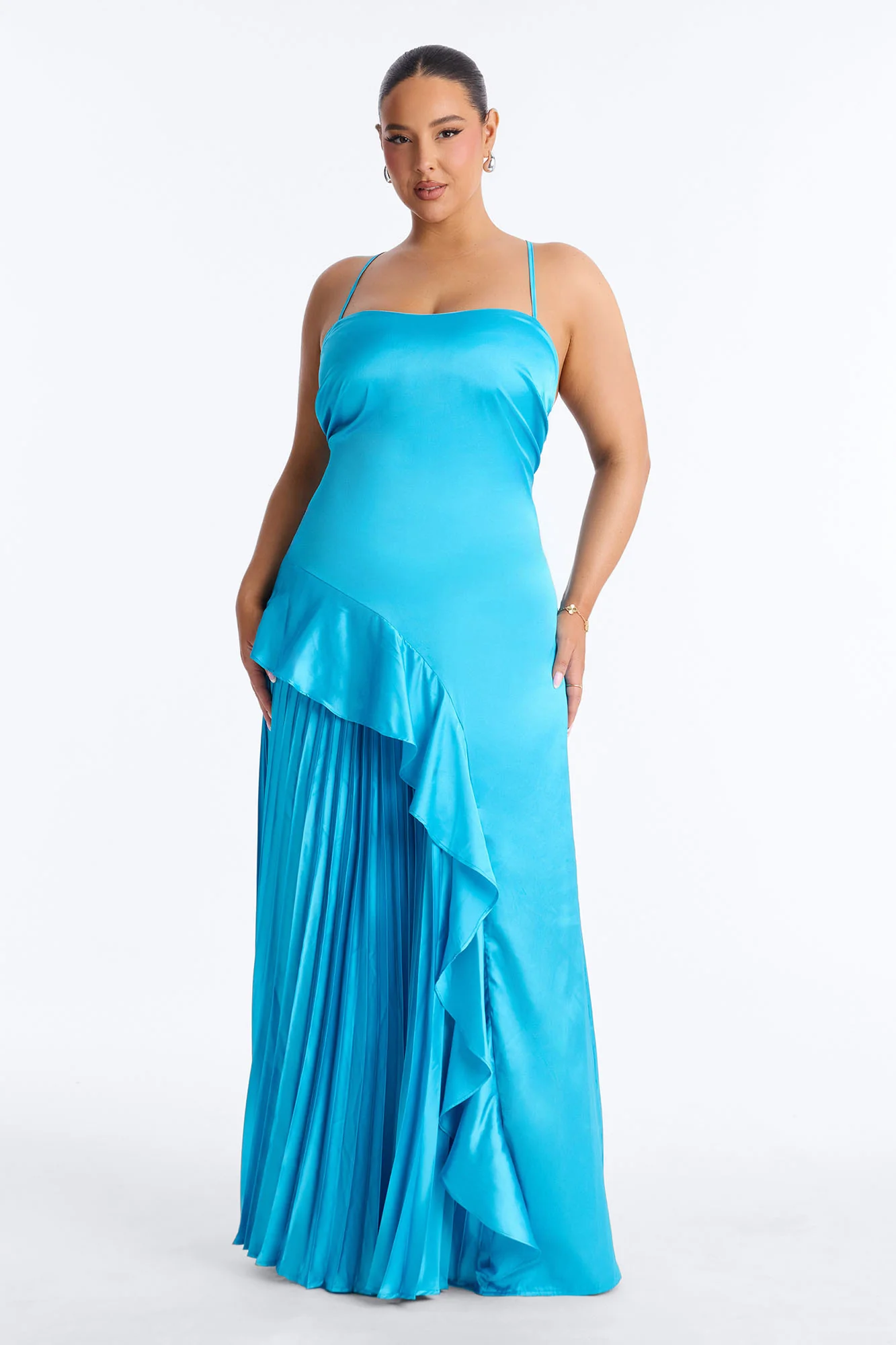 Veronica Pleated Ruffle Satin Gown - Blue - Image 4