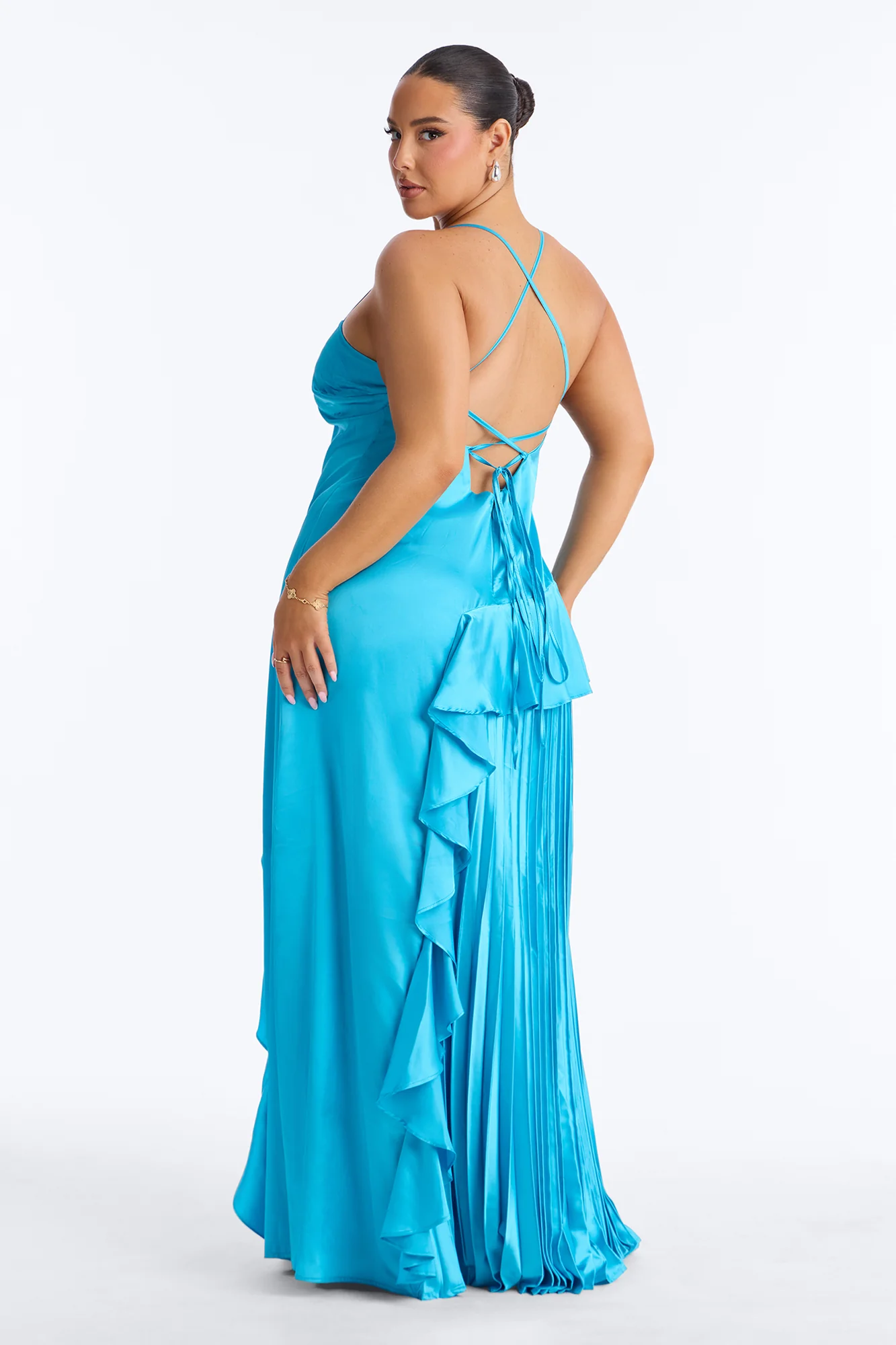 Veronica Pleated Ruffle Satin Gown - Blue - Image 7