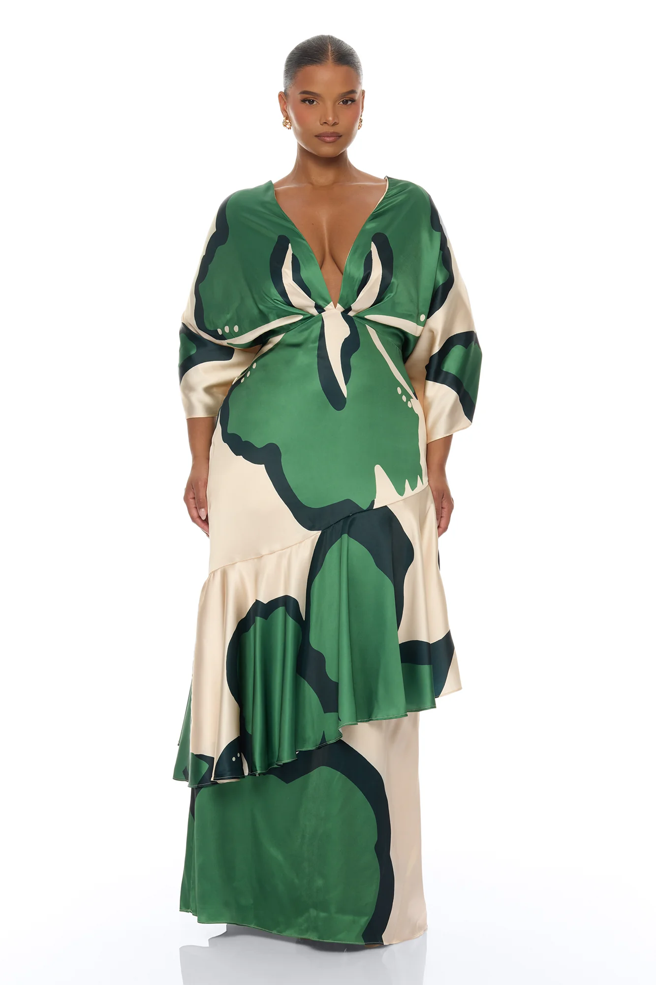 Veronika Short Sleeve Satin Maxi Dress - Green/combo - Image 5