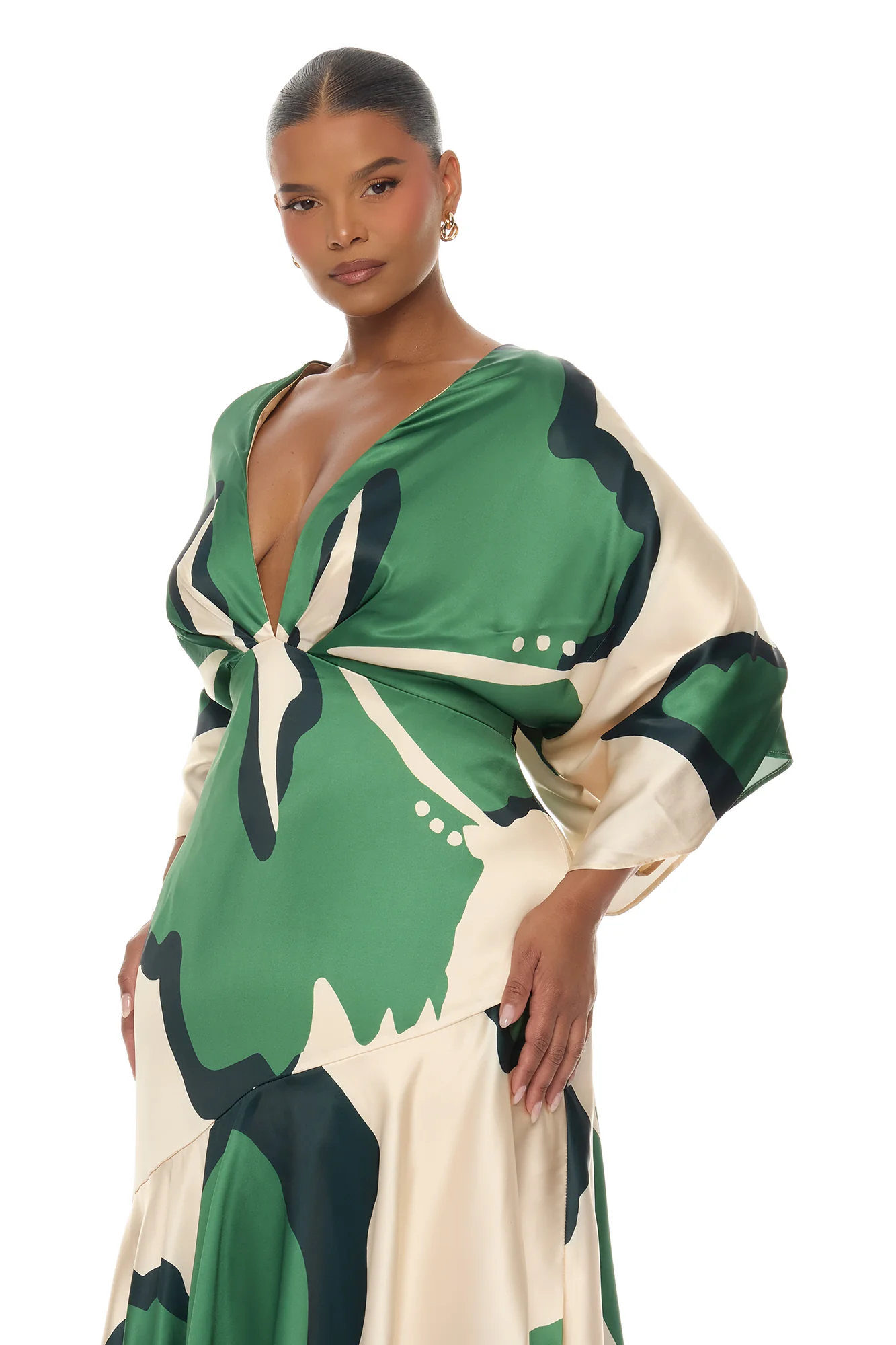 Veronika Short Sleeve Satin Maxi Dress - Green/combo - Image 6