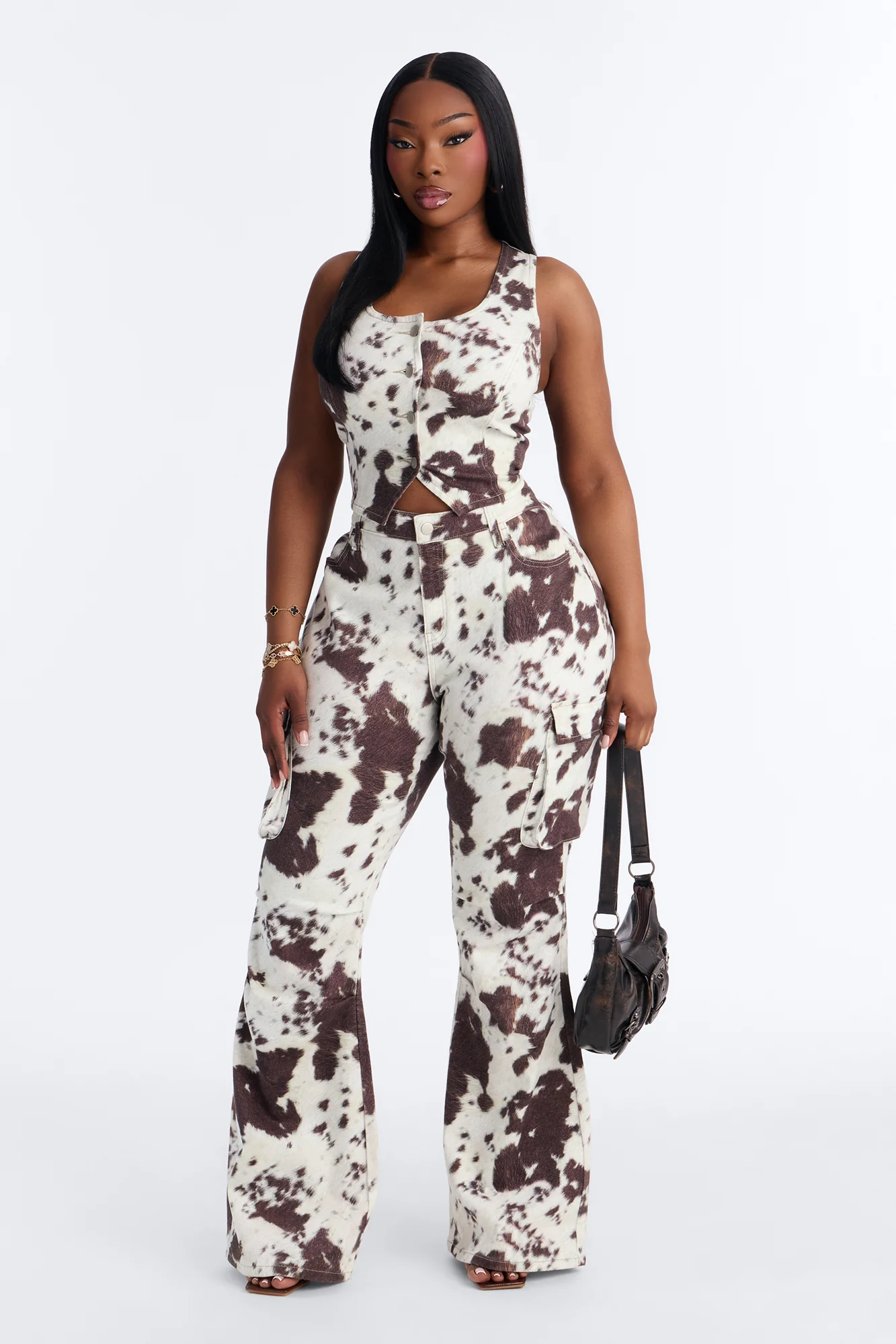 Very Western Vibes Print Denim Pant Set - Brown Combo - Image 5