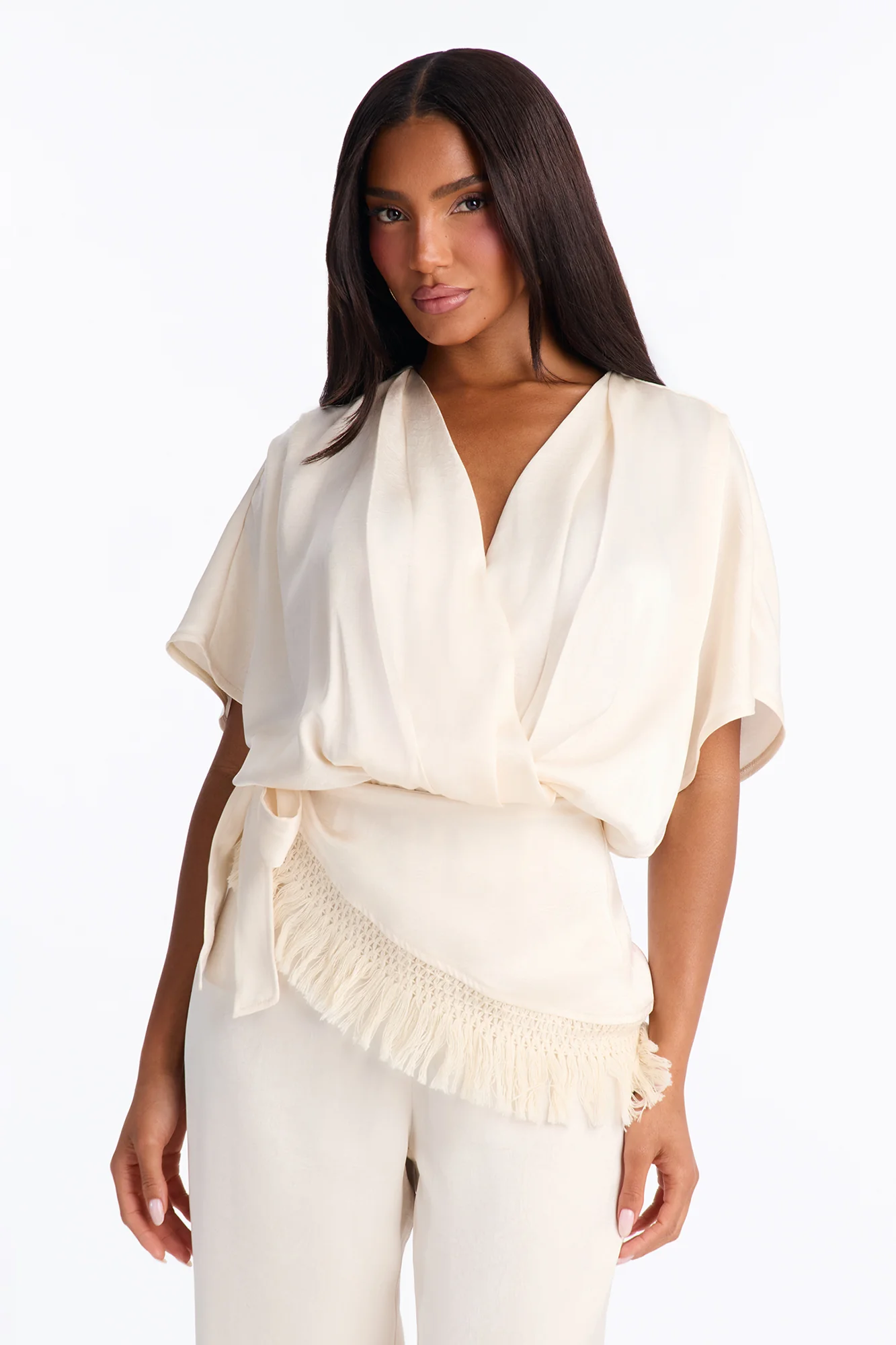 Victoria Satin Tie Waist Jogger Jumpsuit - Cream - Image 2